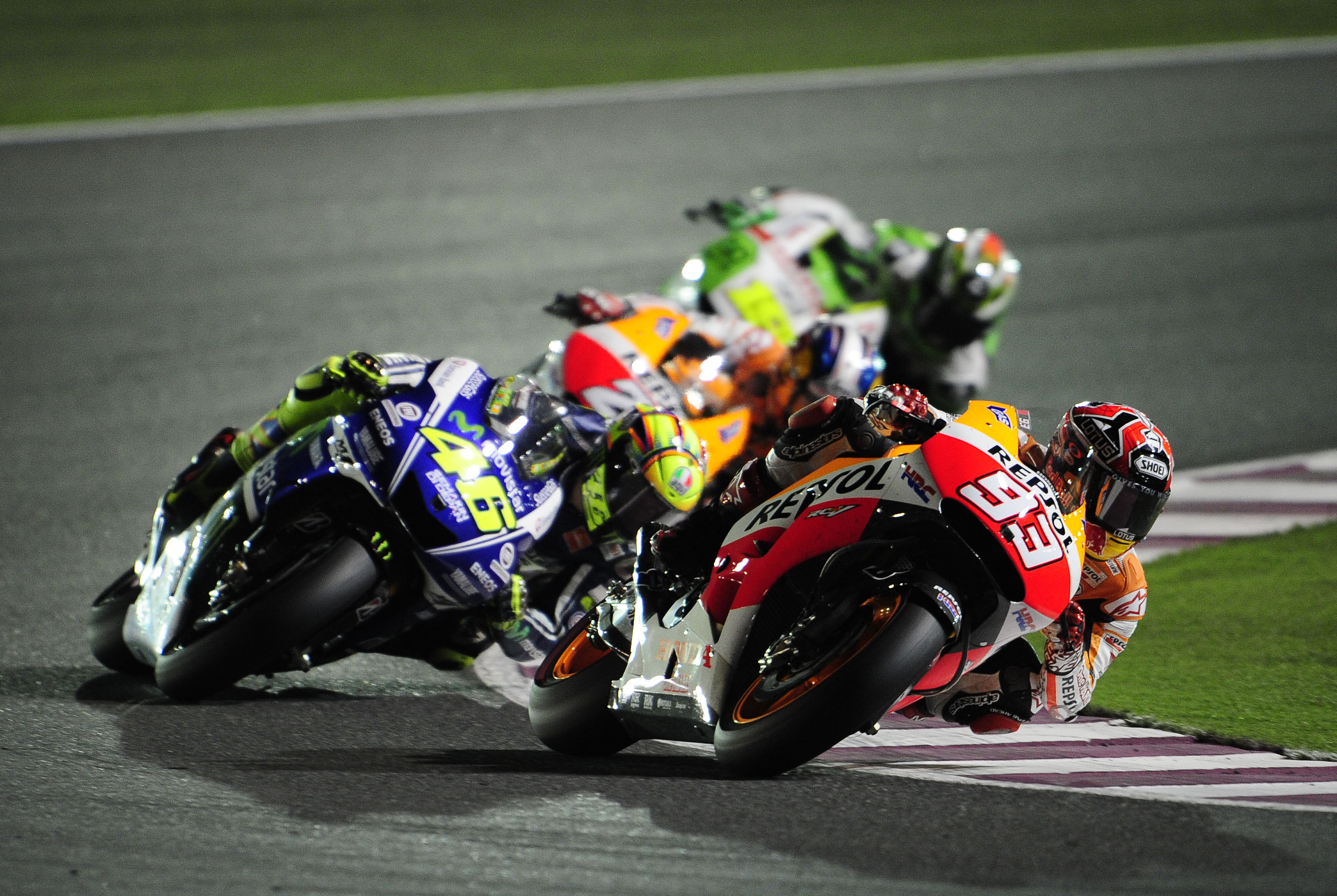 Marc Marquez number 93, Valentino Rossi number 46, Repsol Honda RC213V, MotoGP night race floodlights, HD Desktop wallpaper