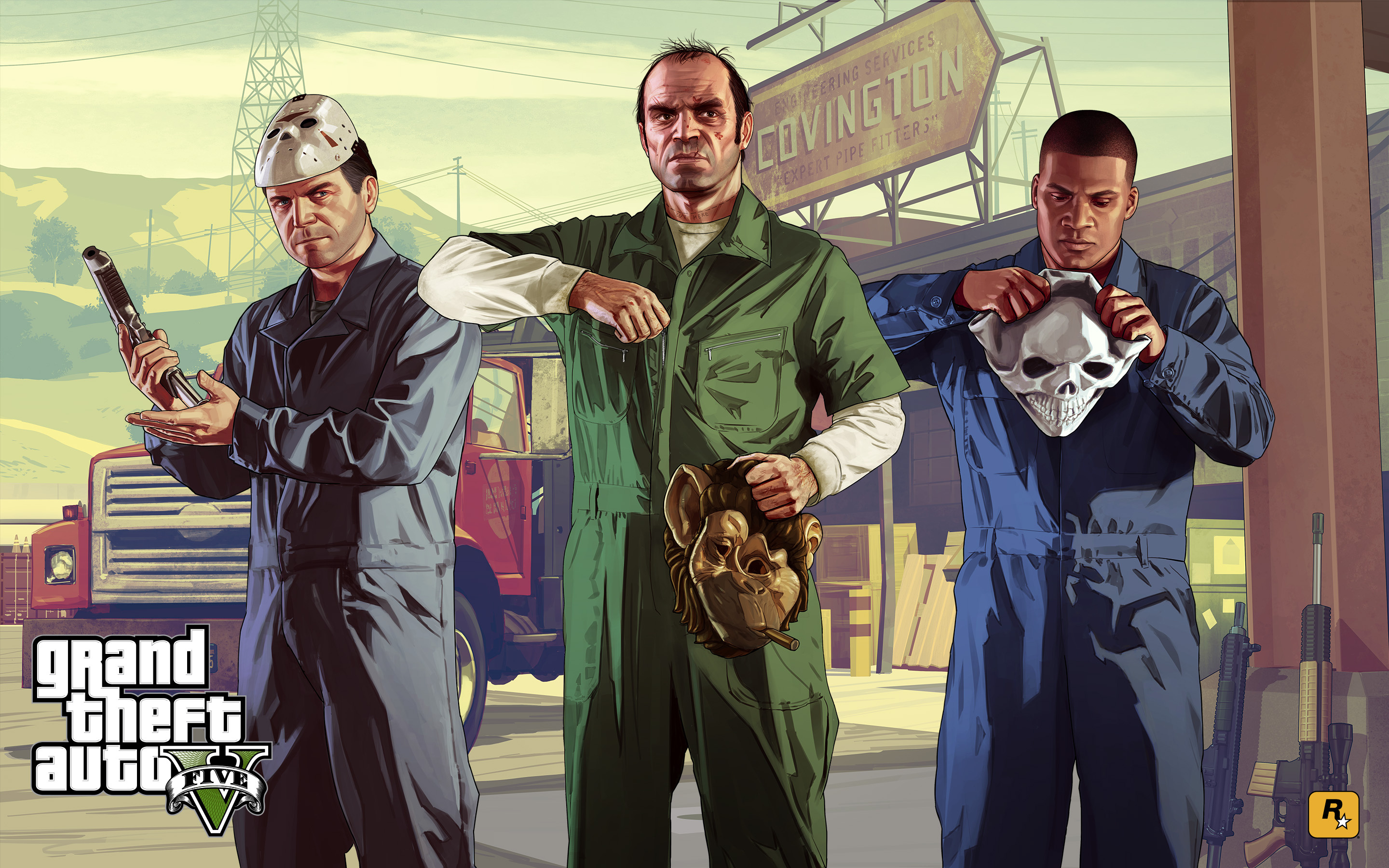 Michael De Santa in hockey mask, Trevor Philips in green jumpsuit, Franklin Clinton holding skull mask, Golden monkey mask, Grand Theft Auto V logo, HD Desktop wallpaper
