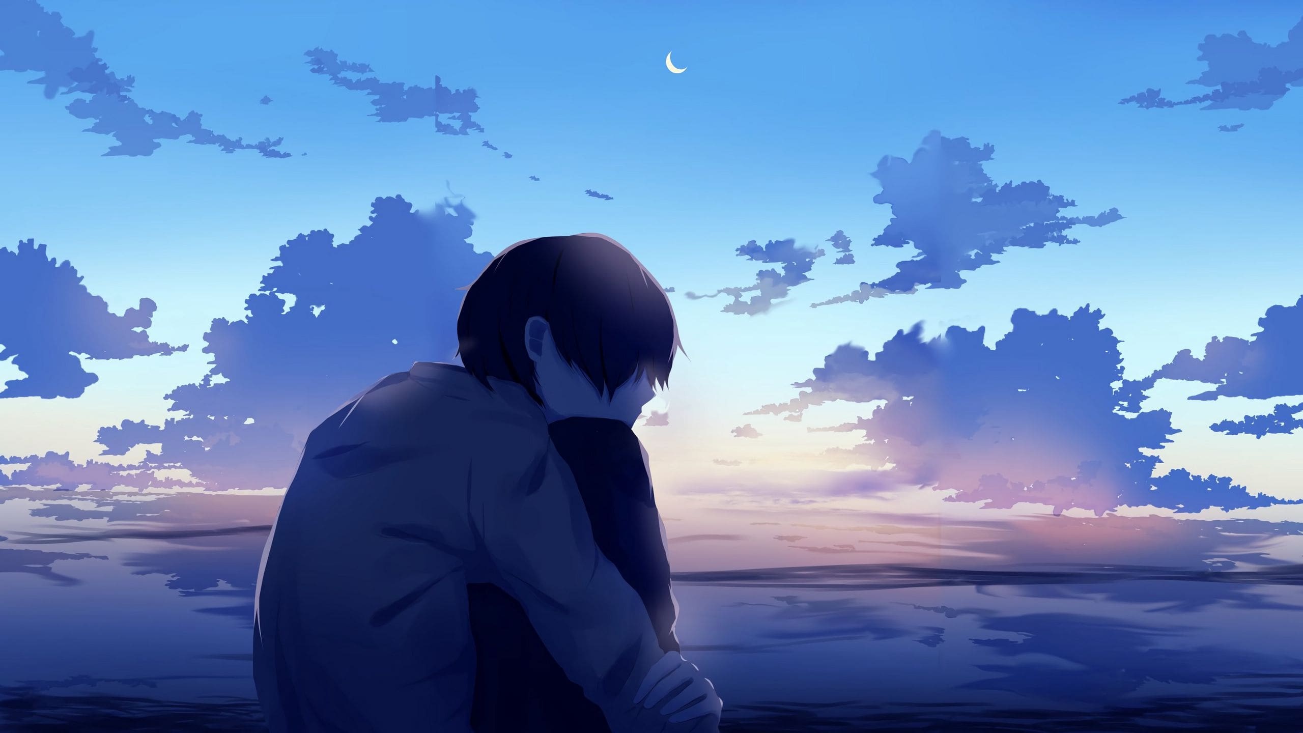Sad anime boy, Dramatic twilight clouds, Crescent moon in sky, HD Desktop wallpaper