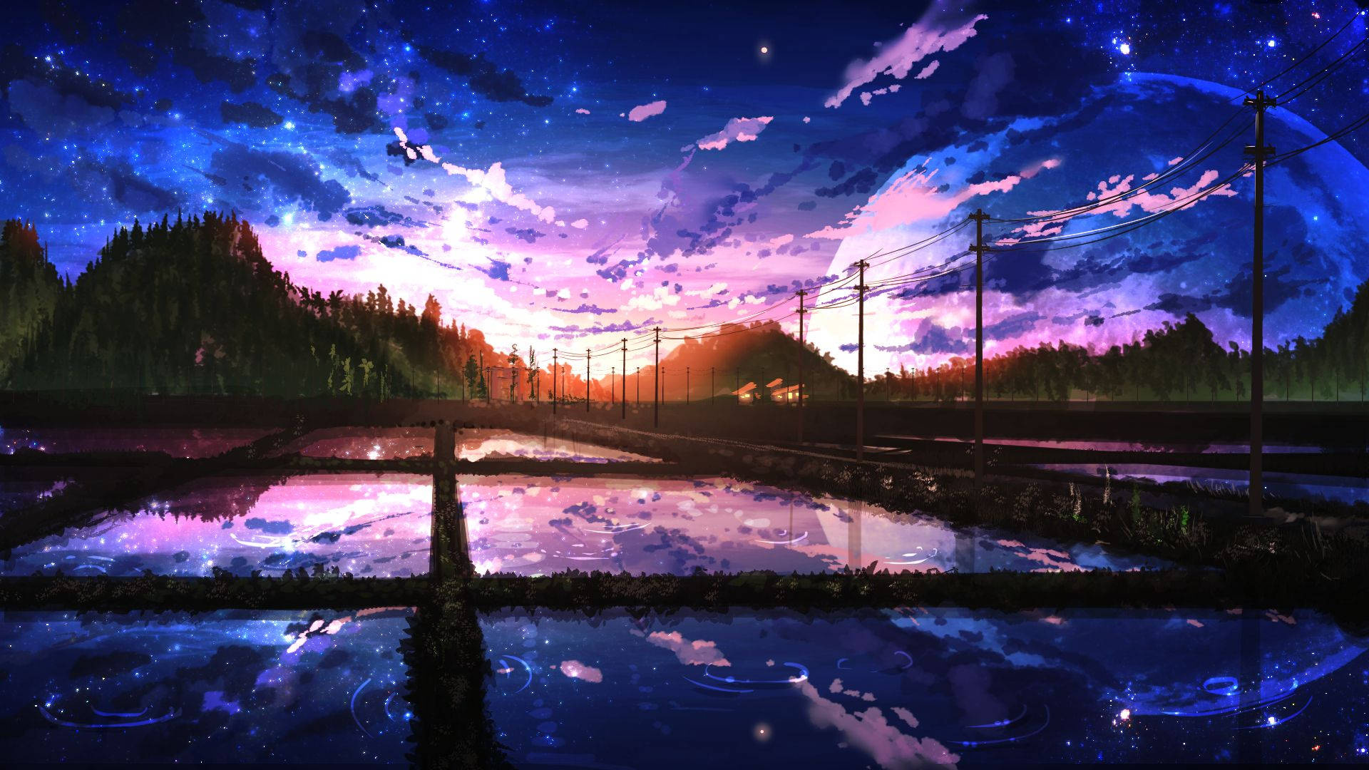 flooded rice paddies, roadside utility poles, starry celestial sky, Full HD Desktop wallpaper