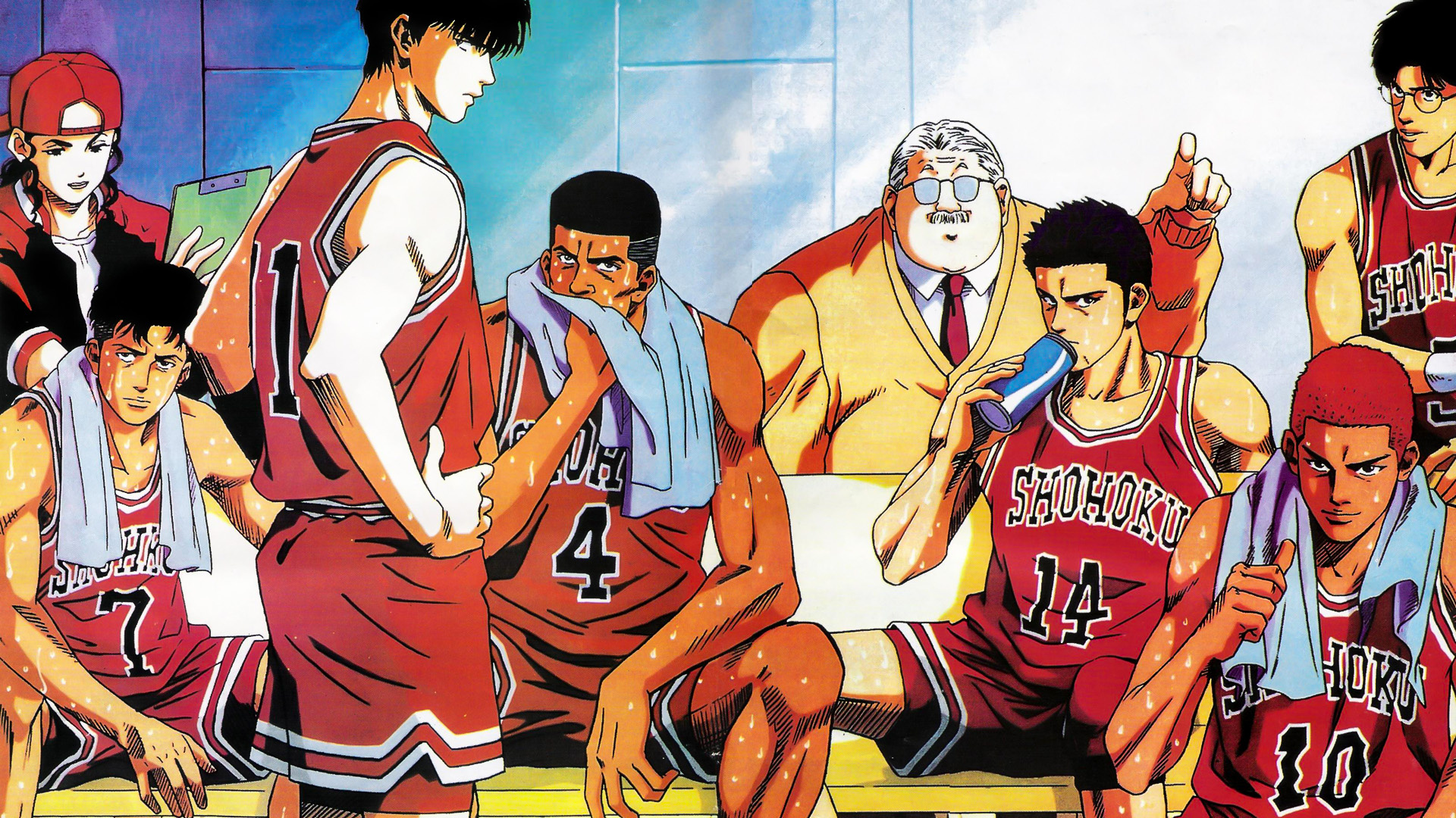 Hanamichi Sakuragi, Kaede Rukawa, Takenori Akagi, Hisashi Mitsui, Shohoku basketball team, Full HD Desktop wallpaper