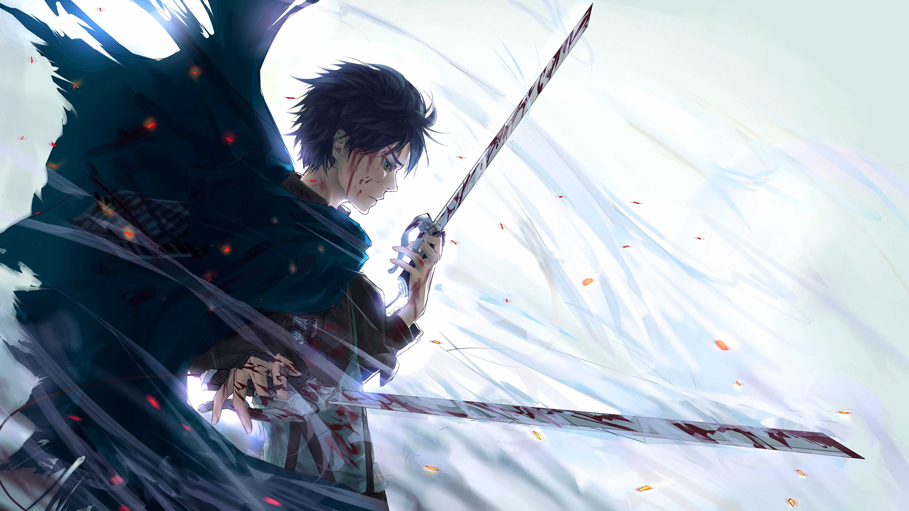 Eren Yeager, bloody ultrahard steel blades, Survey Corps cloak, 4K Desktop wallpaper