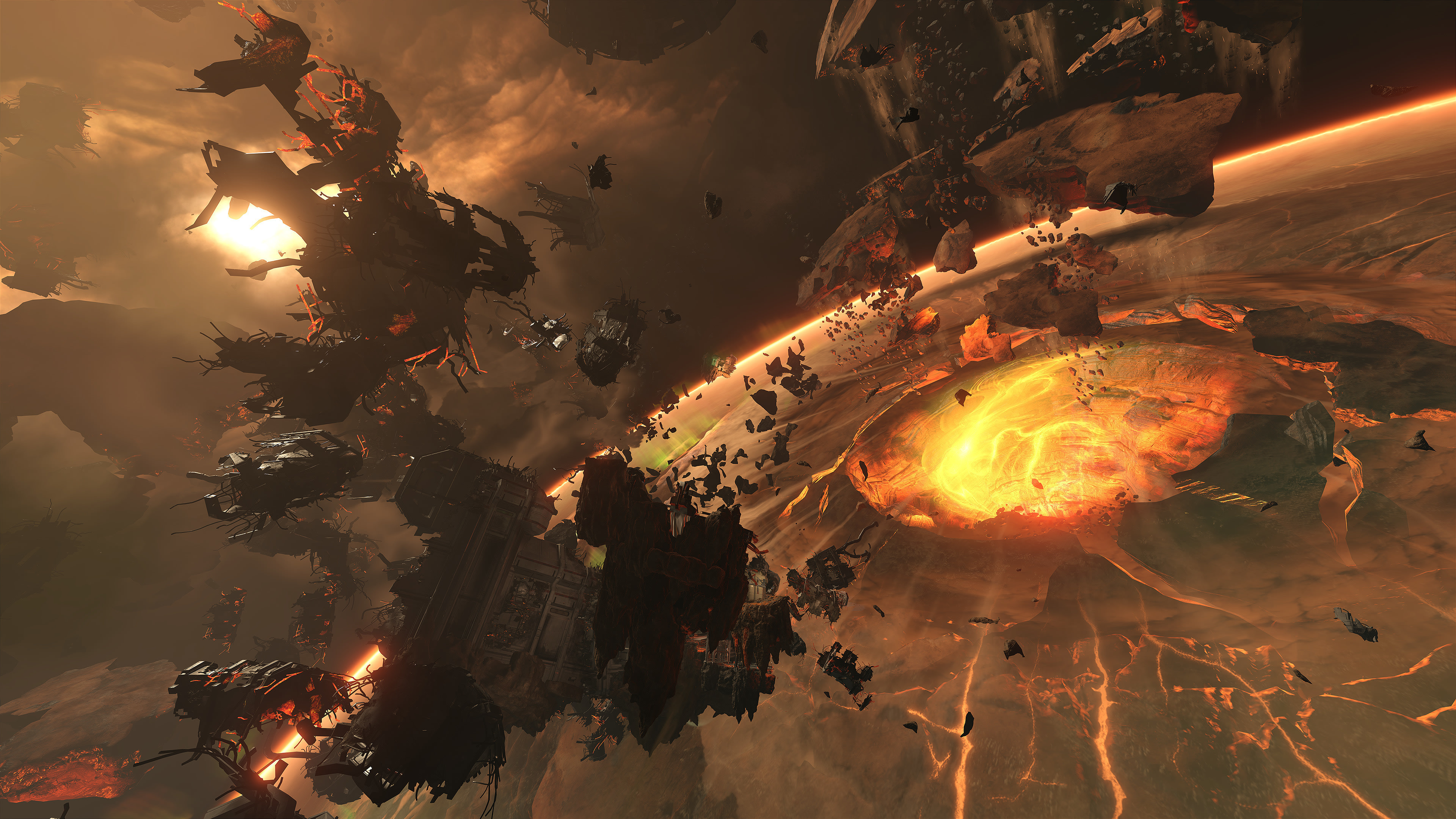 Doom Eternal celestial environment, Shattered molten planet crater, Floating volcanic rock debris, 4K Desktop wallpaper