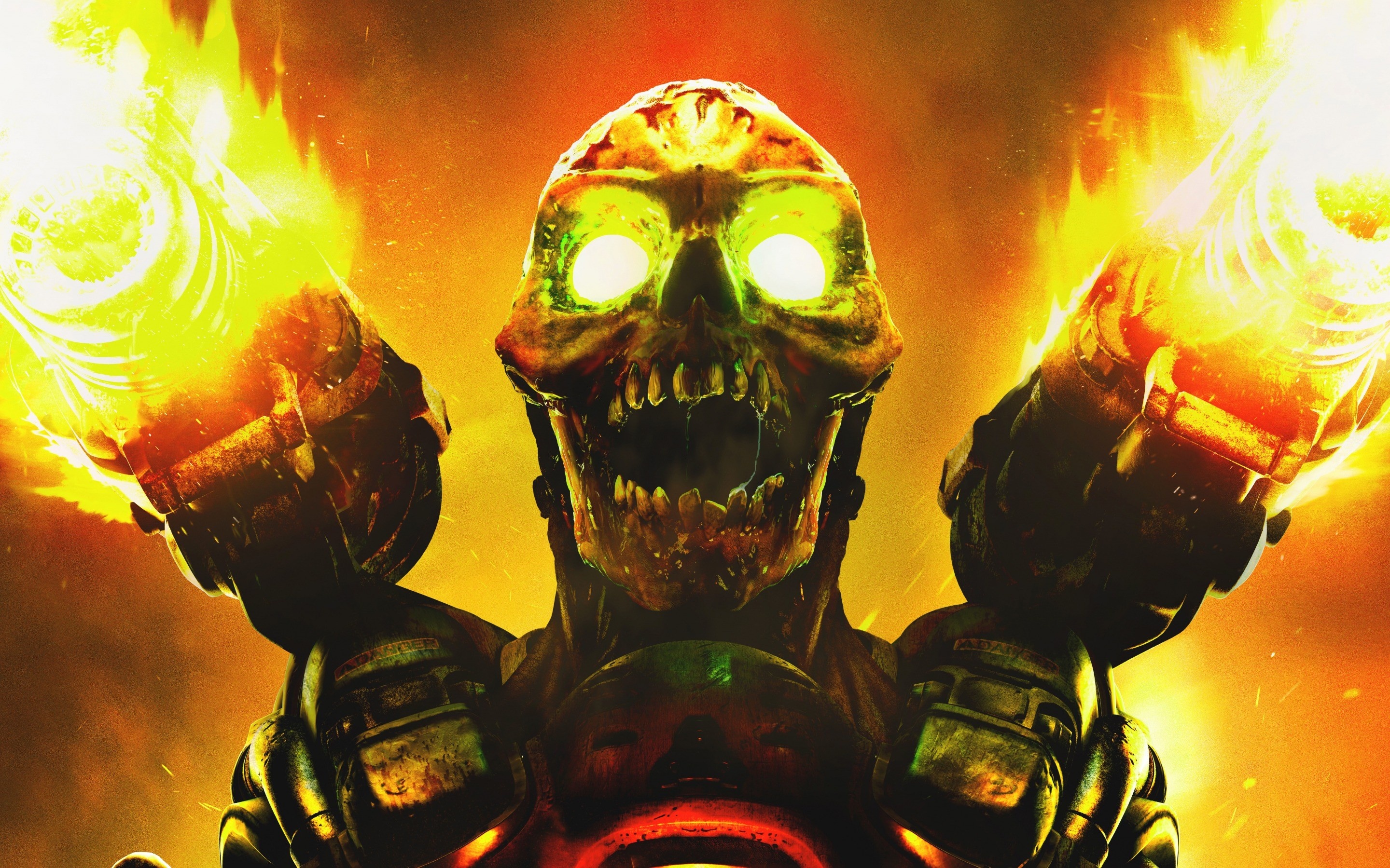 DOOM Revenant, shoulder rocket launchers, glowing green eyes, HD Desktop wallpaper