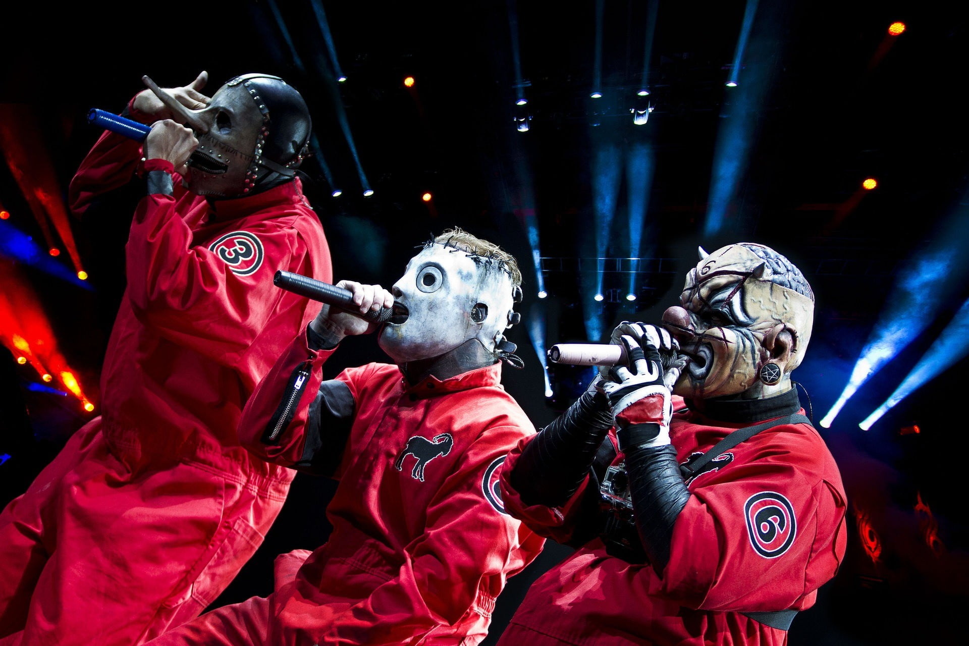 Corey Taylor, Shawn Crahan, Chris Fehn, red Slipknot jumpsuits, HD Desktop wallpaper