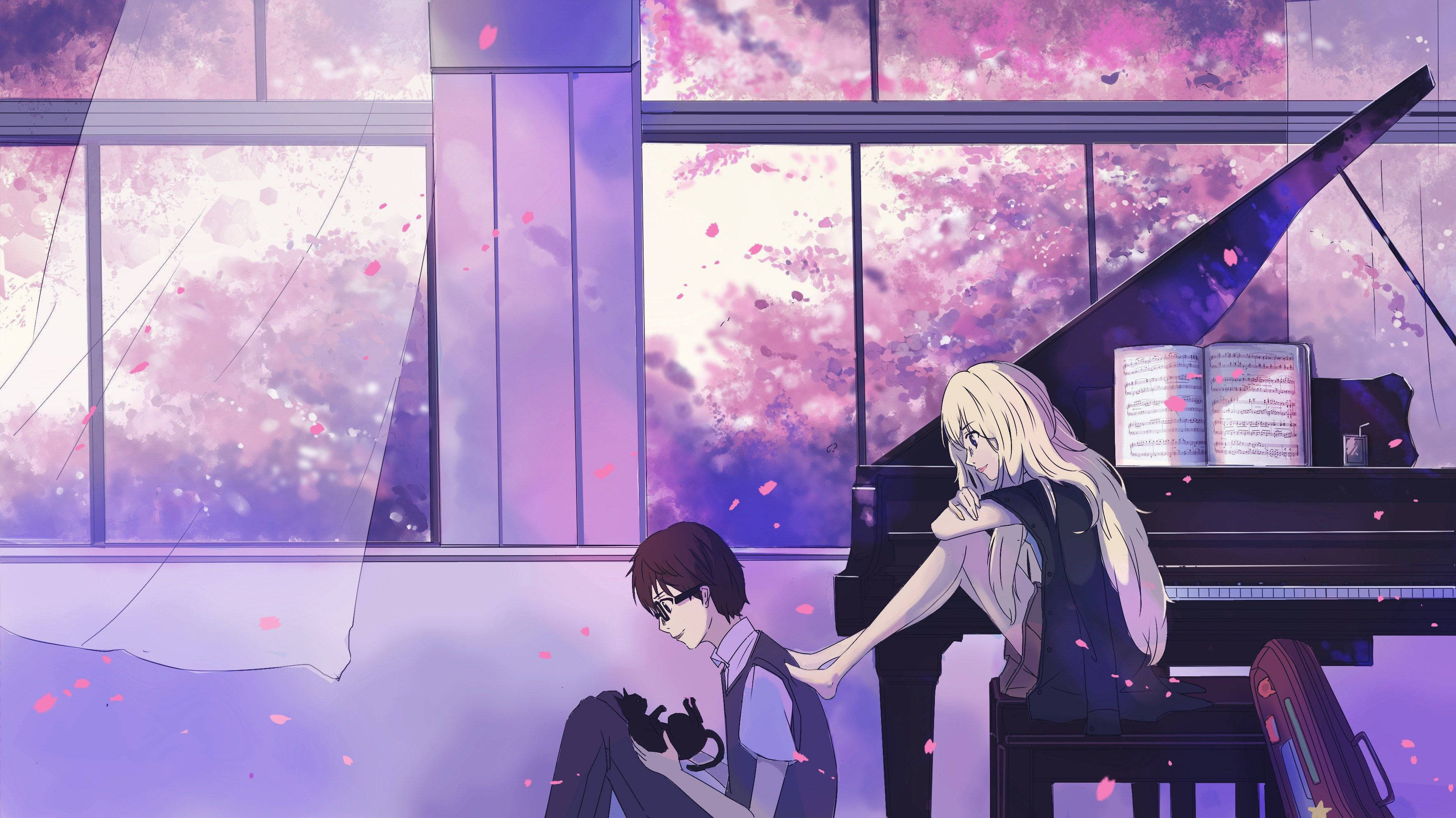 Kaori Miyazono, Kousei Arima, Grand piano music room, Falling cherry blossom petals, HD Desktop wallpaper