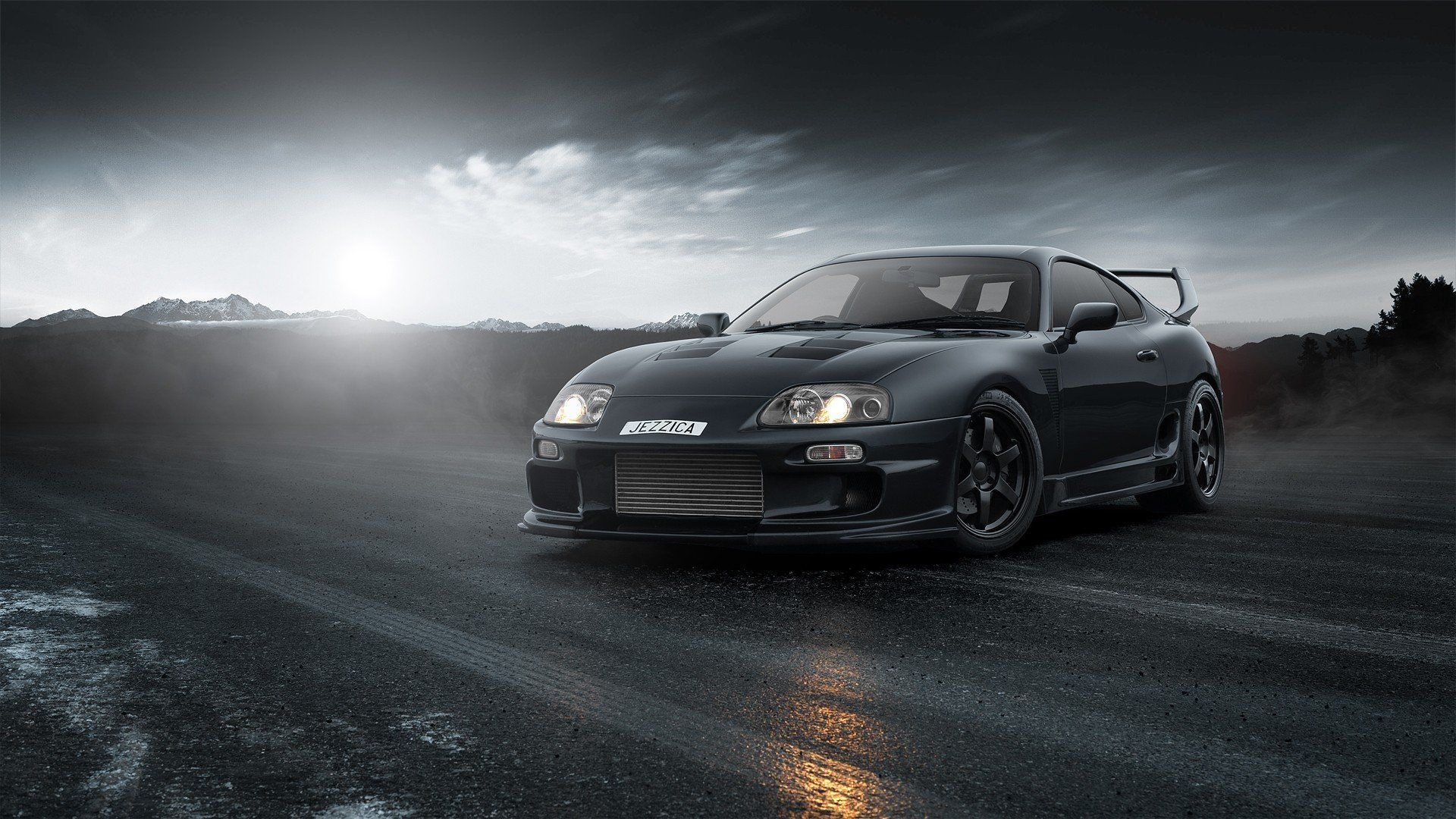Modified Toyota Supra A80, JEZZICA license plate, wet mountain road, Full HD Desktop wallpaper