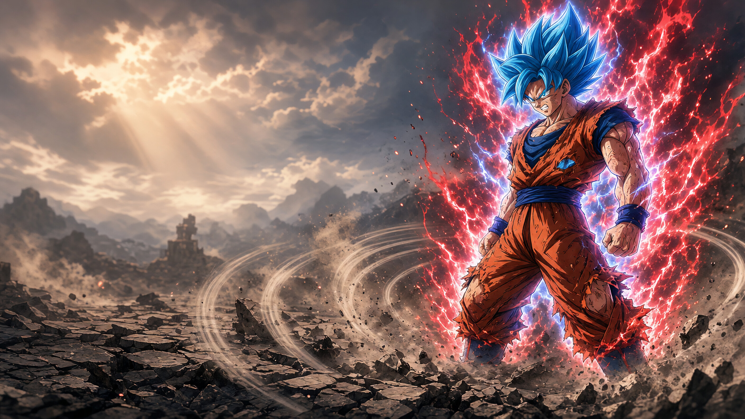 Goku, Super Saiyan Blue Kaio-ken, Crimson aura over blue, Shockwave rings, Dragon Ball Super, HD Desktop wallpaper
