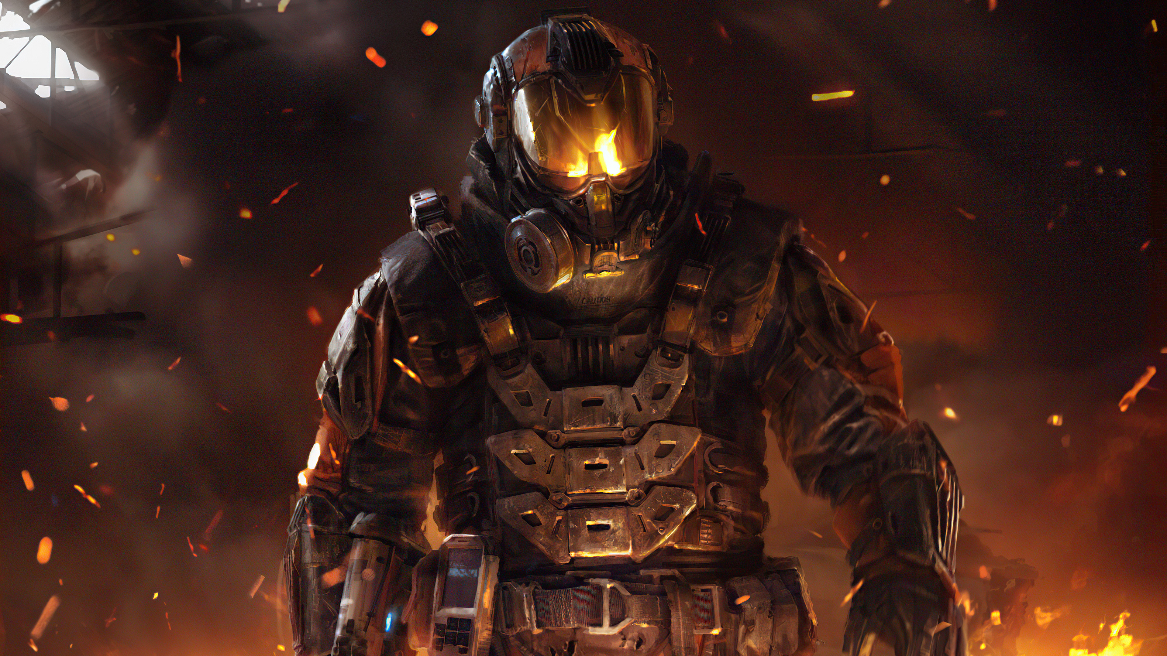 Call of Duty: Black Ops III Firebreak, Armored combat exo-suit, Fiery battlefield embers, 4K Desktop wallpaper