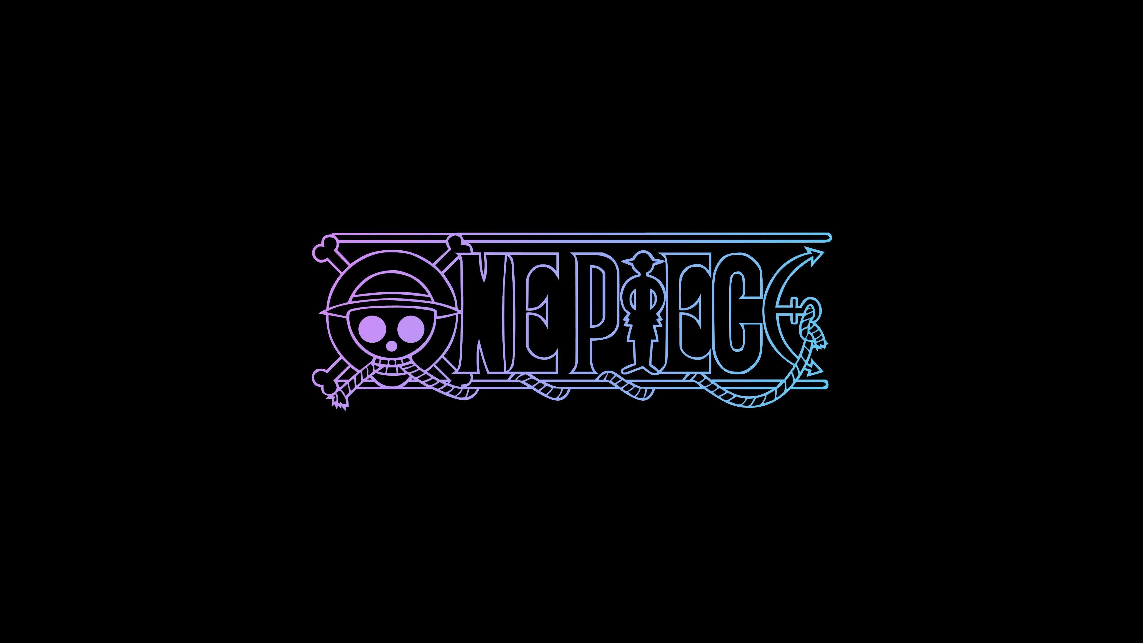 One Piece logo, Straw Hat Jolly Roger, cyan purple neon outline, 4K Desktop wallpaper