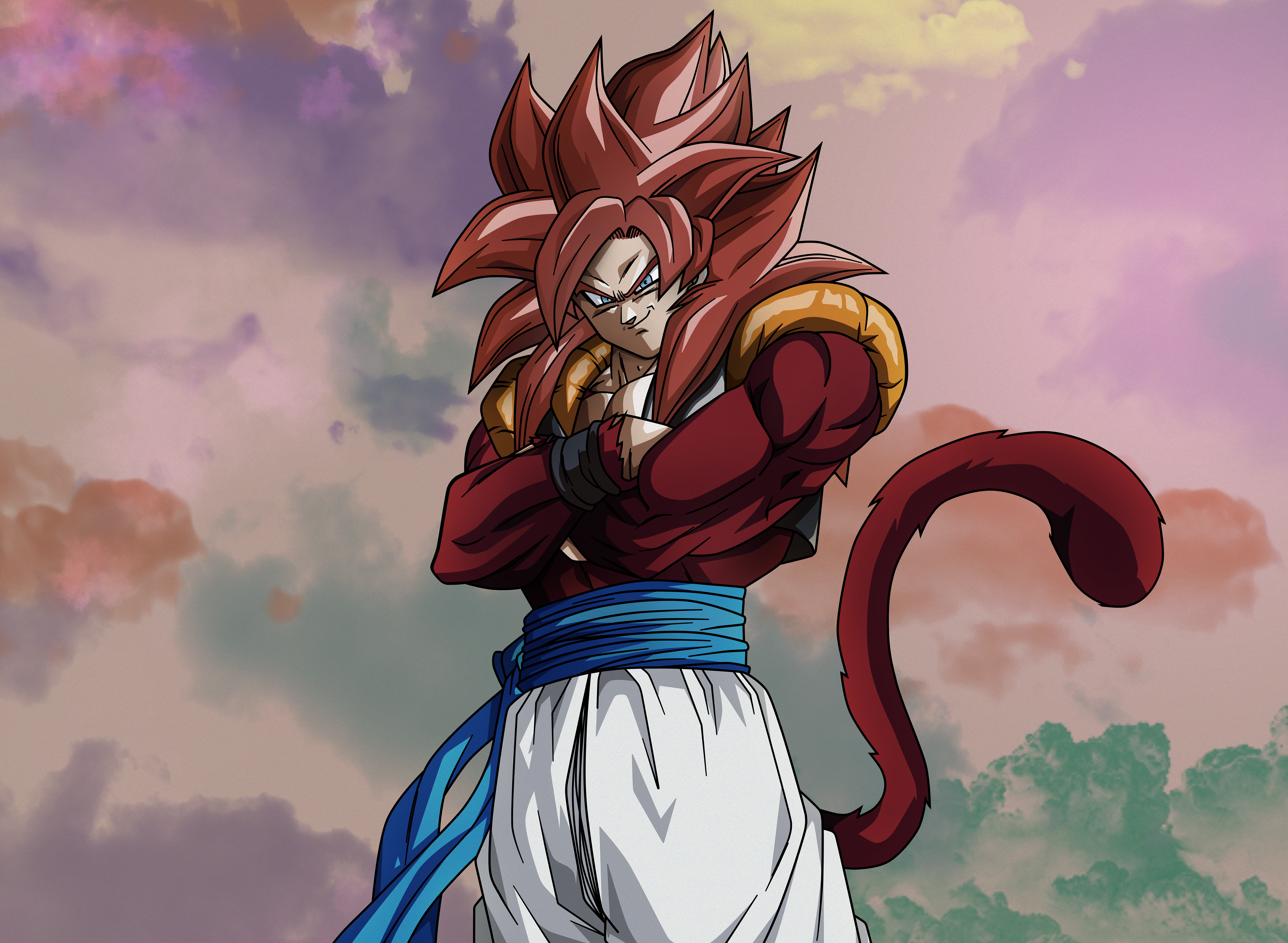 Gogeta, Super Saiyan 4, Red fur, Monkey tail, Cloudy sky, Dragon Ball GT, 4K Desktop wallpaper