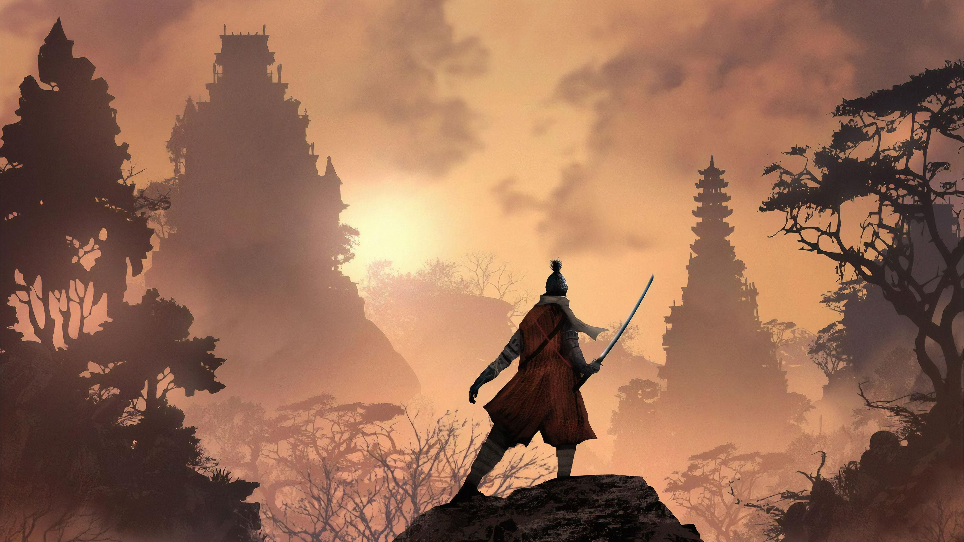 Wolf, Kusabimaru katana, Japanese pagoda silhouette, 4K Desktop wallpaper
