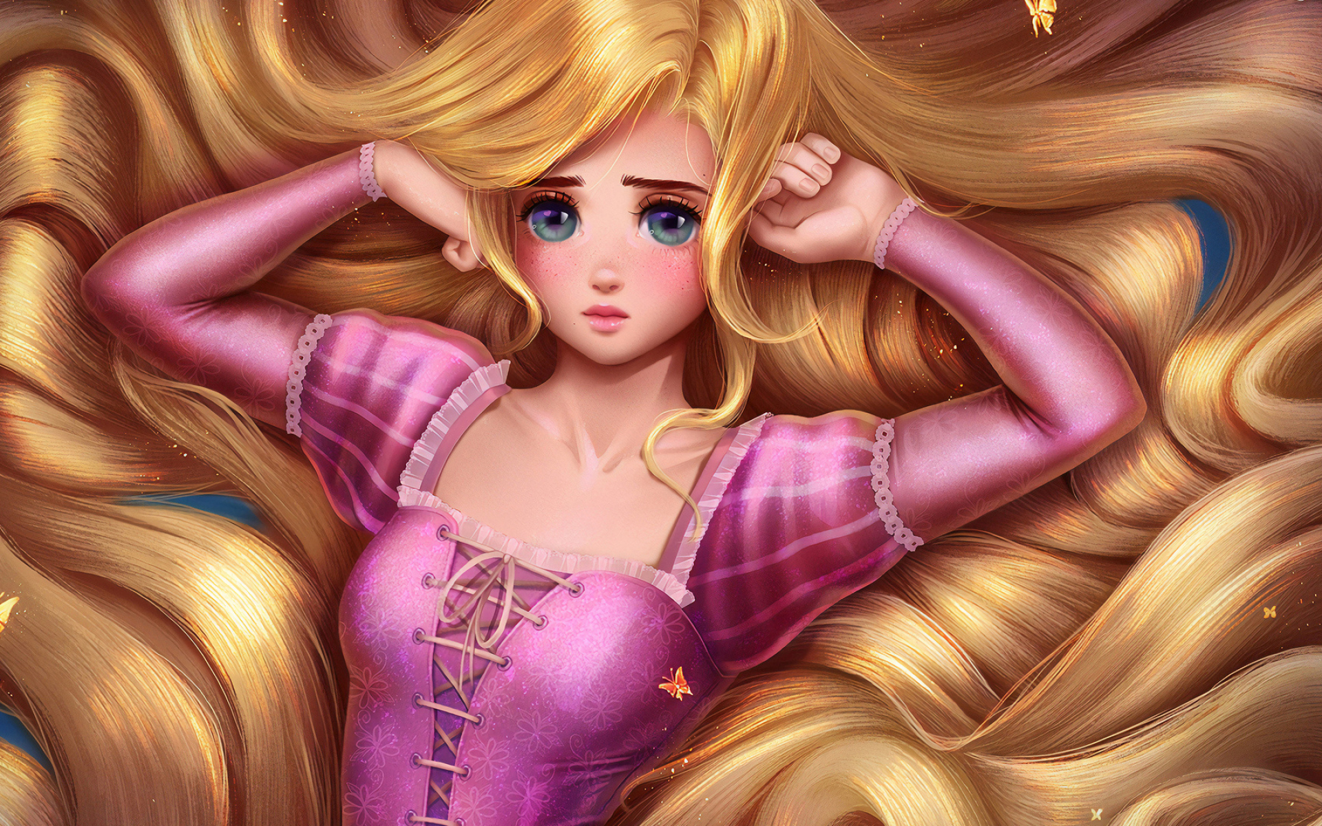 Rapunzel, flowing golden blonde hair, pink laced bodice dress, HD Desktop wallpaper