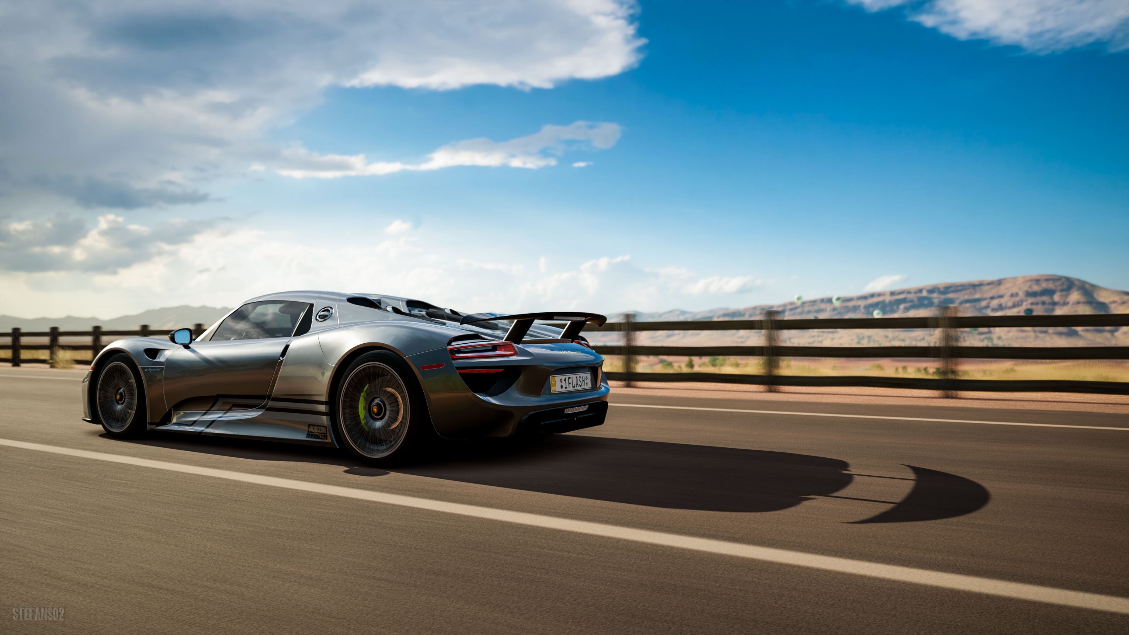 Porsche 918 Spyder, Open highway roadside fence, Sunny desert mountain landscape, HD Desktop wallpaper