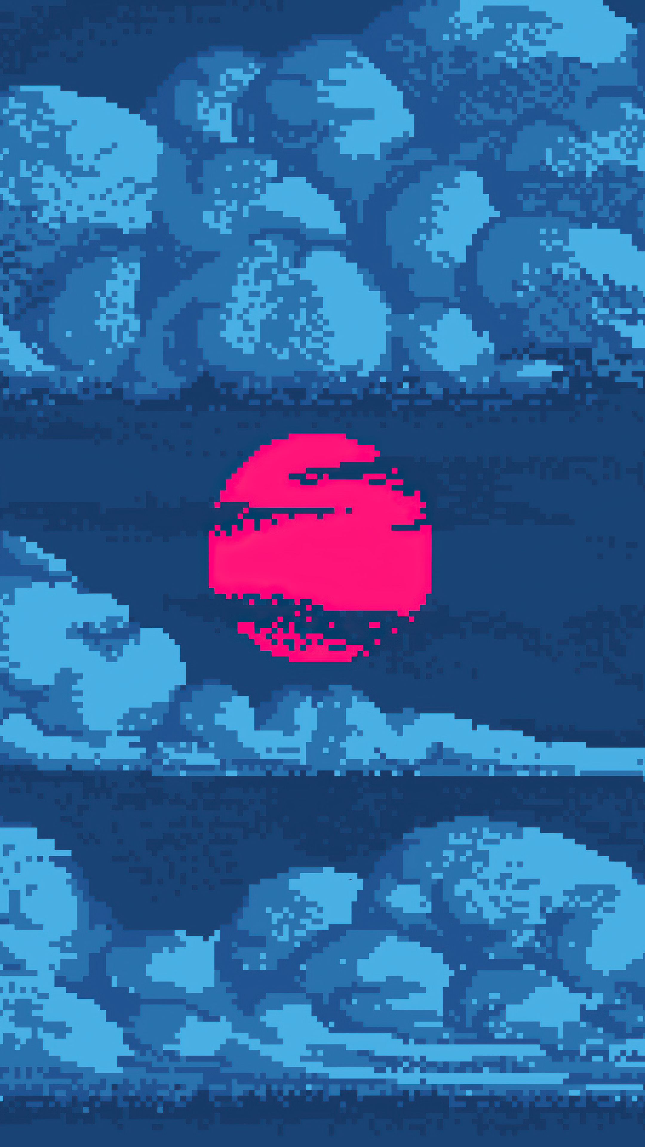 magenta pixel art sun, blue pixelated clouds, retro 8-bit night sky, 4K Phone wallpaper