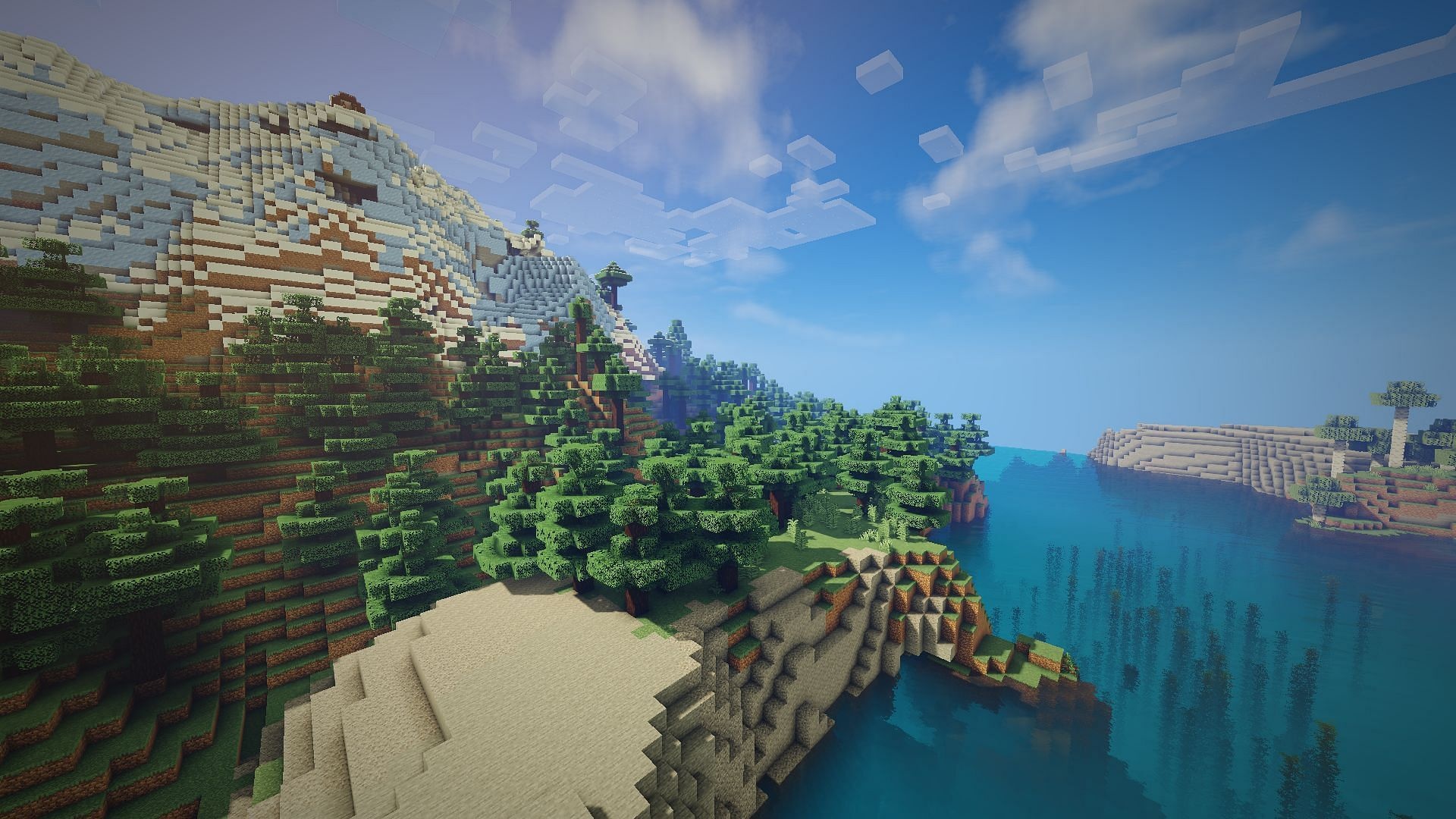 Minecraft snowy mountain biome, Minecraft coastal cliff forest, Minecraft clear ocean shaders, Full HD Desktop wallpaper
