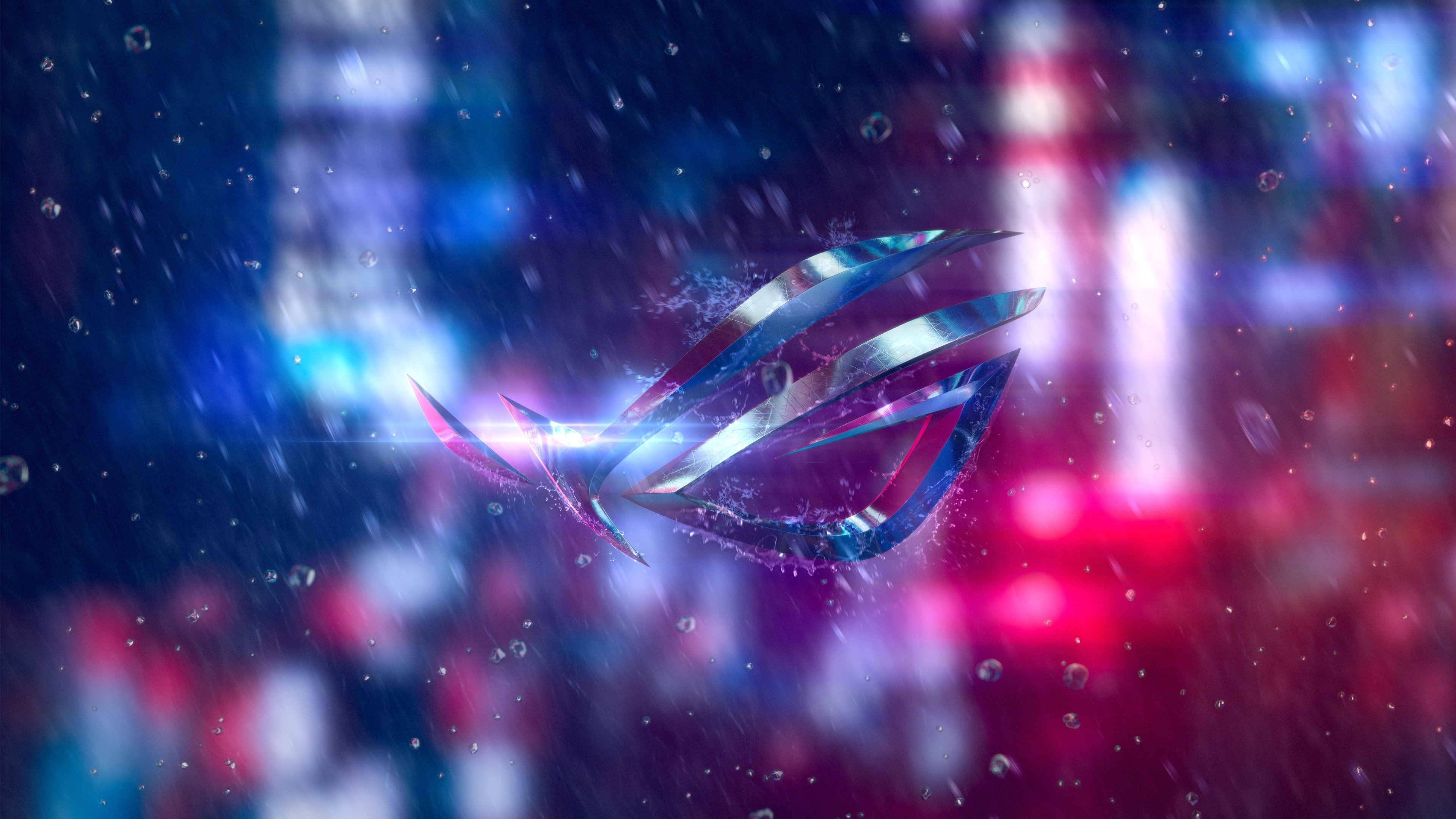 ASUS Republic of Gamers logo, Water splash droplets, Red and blue bokeh city lights, 4K Desktop wallpaper