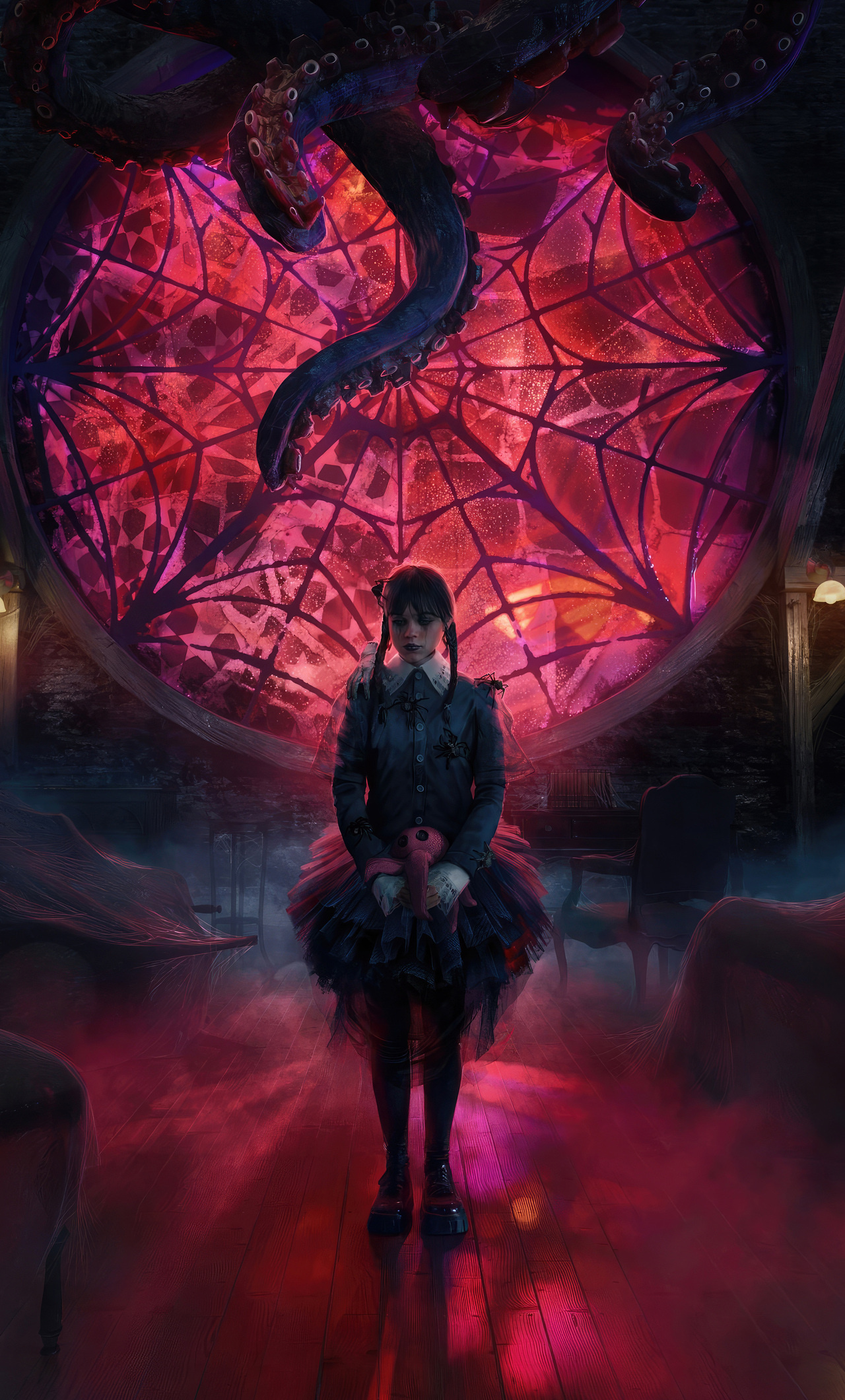 Wednesday Addams, Ophelia Hall spiderweb window, giant monster tentacles, HD Phone wallpaper