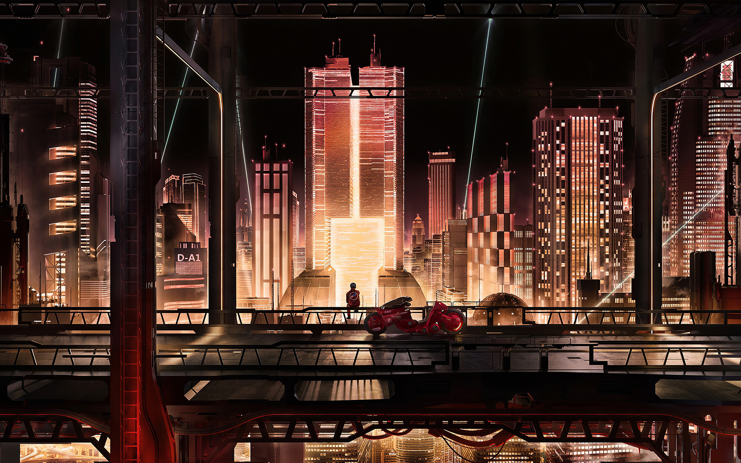 Shotaro Kaneda, Kaneda's motorcycle, Neo-Tokyo skyline, HD Desktop wallpaper