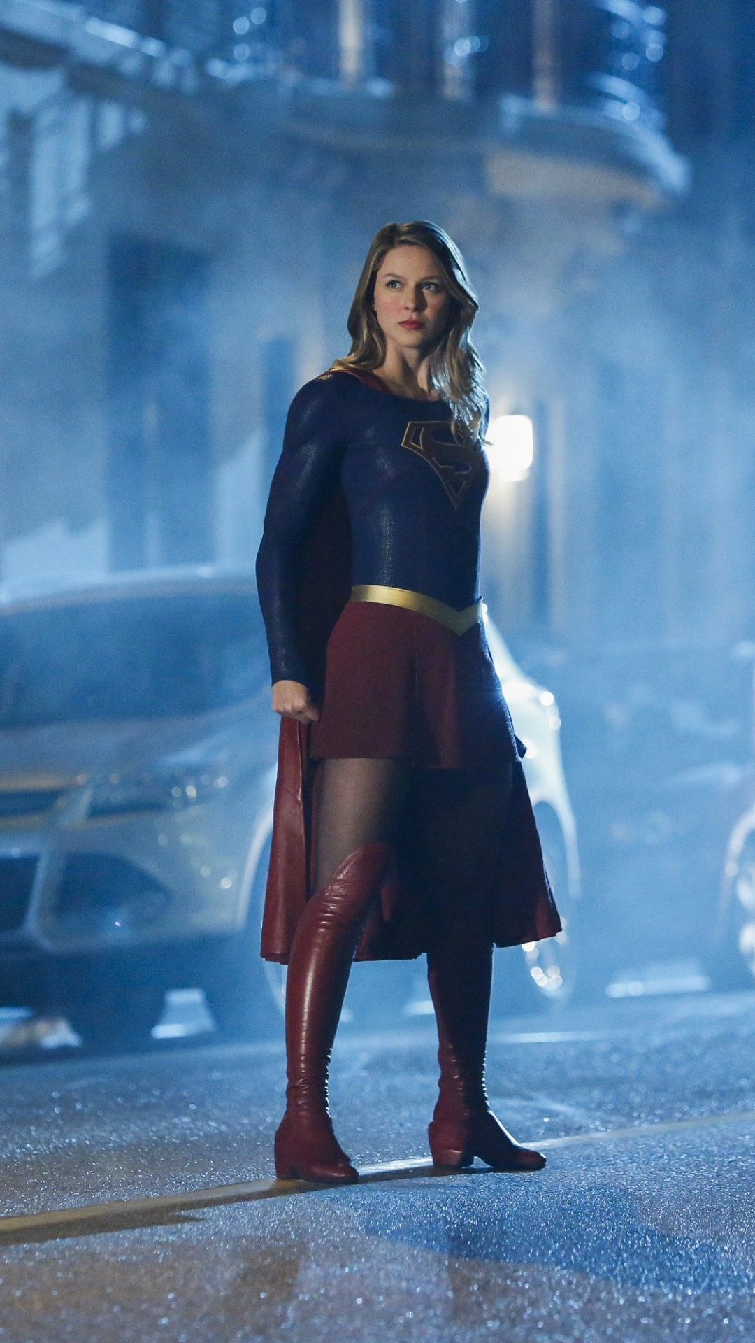 Melissa Benoist as Supergirl, Classic Supergirl costume, Nighttime city street, Full HD Phone wallpaper