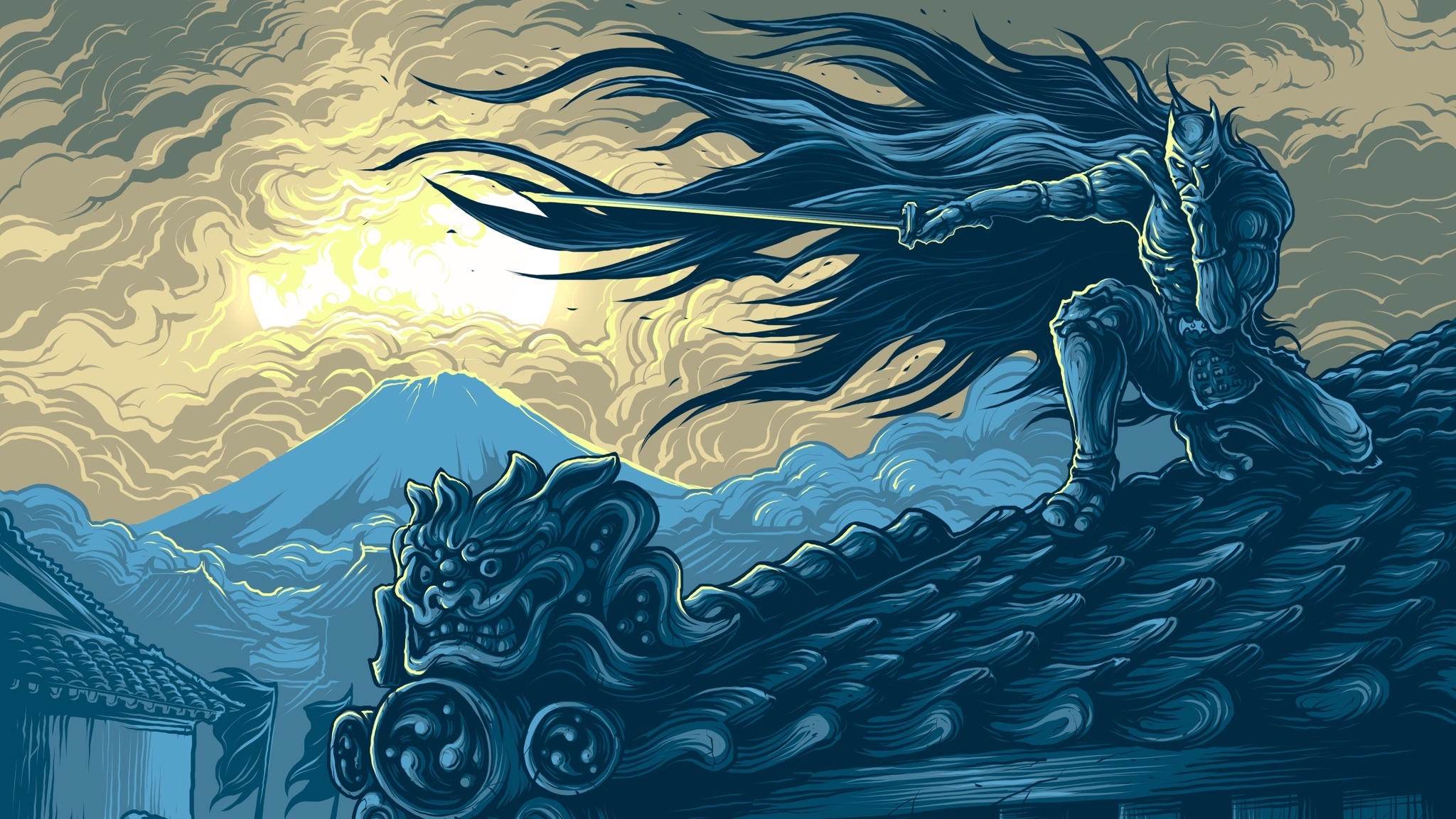Batman Ninja, Mount Fuji, Onigawara gargoyle roof tile, HD Desktop wallpaper