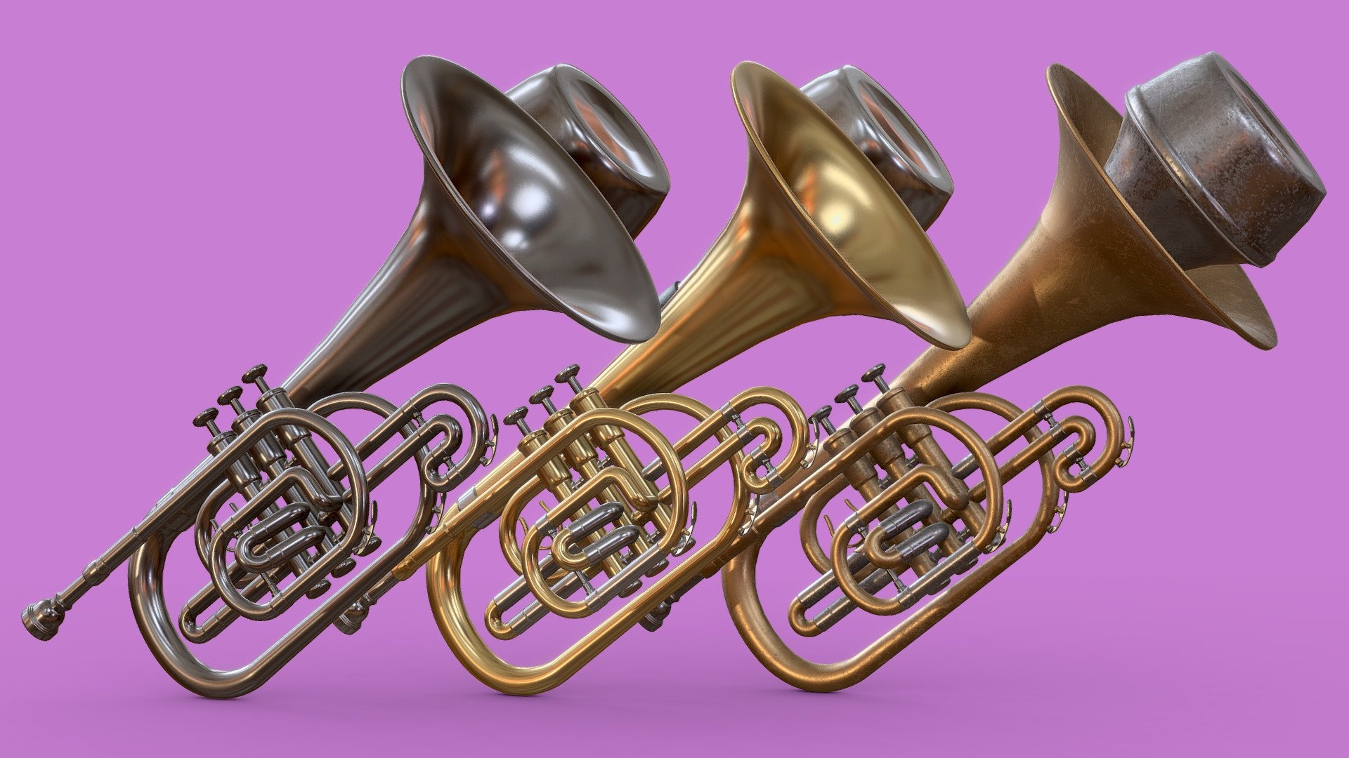 Mellophone brass instrument, 3D model, Royalty-free, High-quality design, 1920x1080 Full HD Desktop