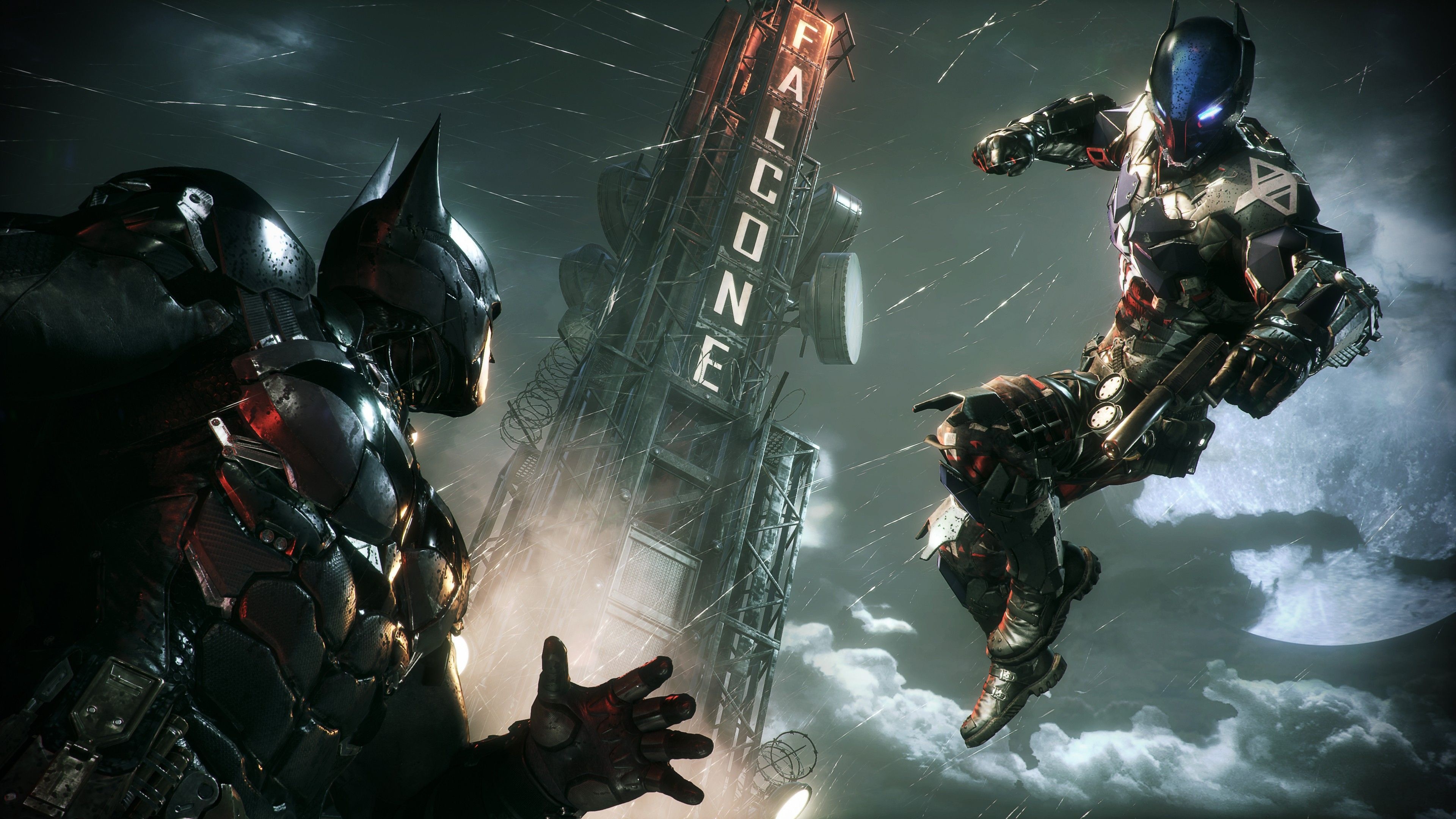 Arkham Knight, Batman, Falcone neon sign tower, 4K Desktop wallpaper