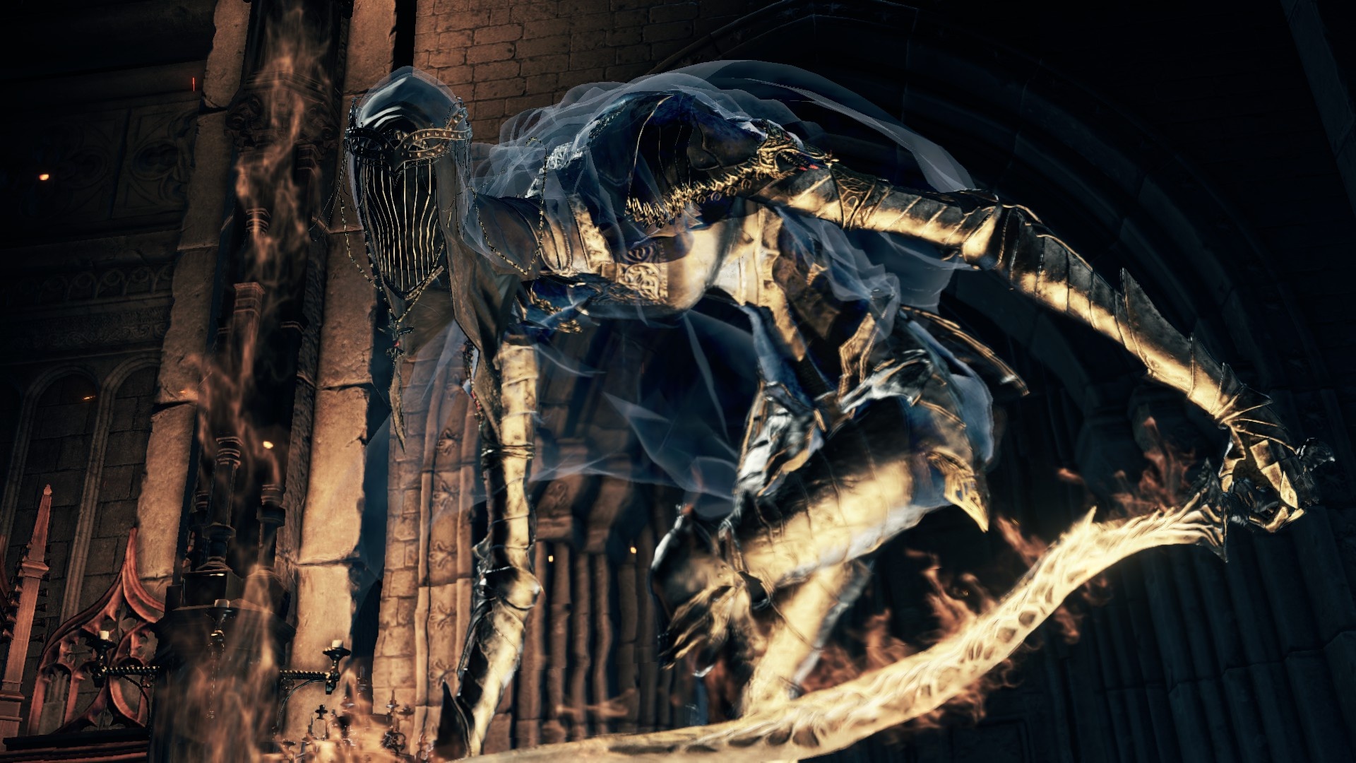 Dancer of the Boreal Valley, flaming curved sword, Lothric Castle chapel, Full HD Desktop wallpaper