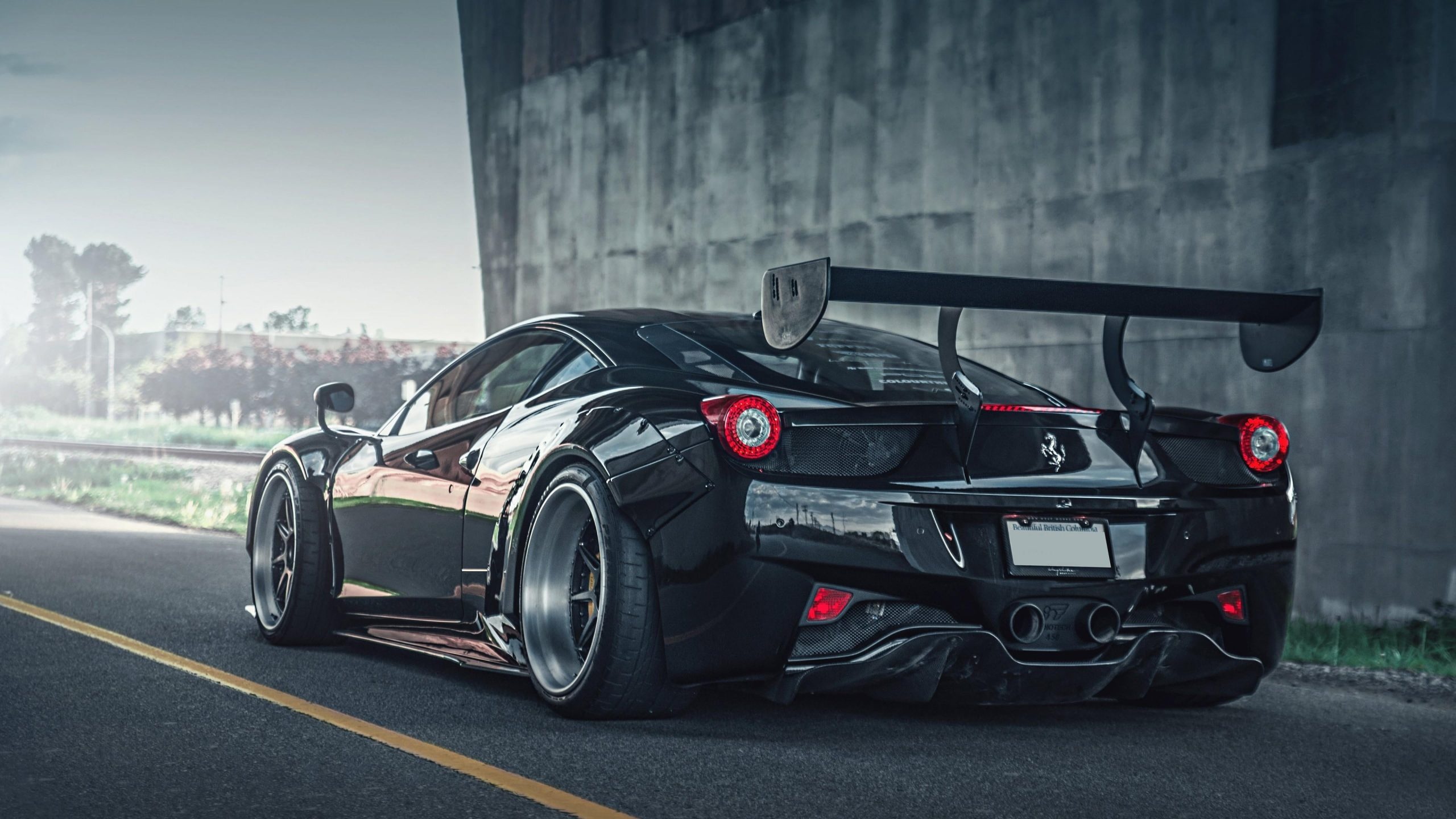 Liberty Walk Ferrari 458, carbon fiber rear wing, industrial concrete underpass, HD Desktop wallpaper