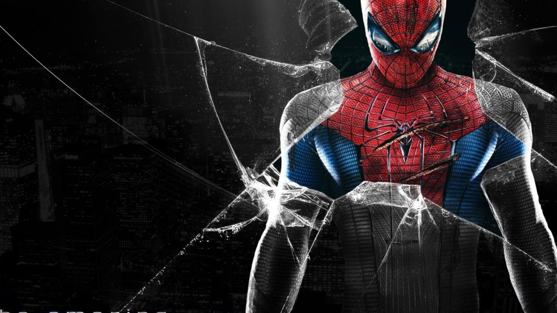 The Amazing Spider-Man, battle-damaged Spider-Man suit, shattered glass overlay, Full HD Desktop wallpaper
