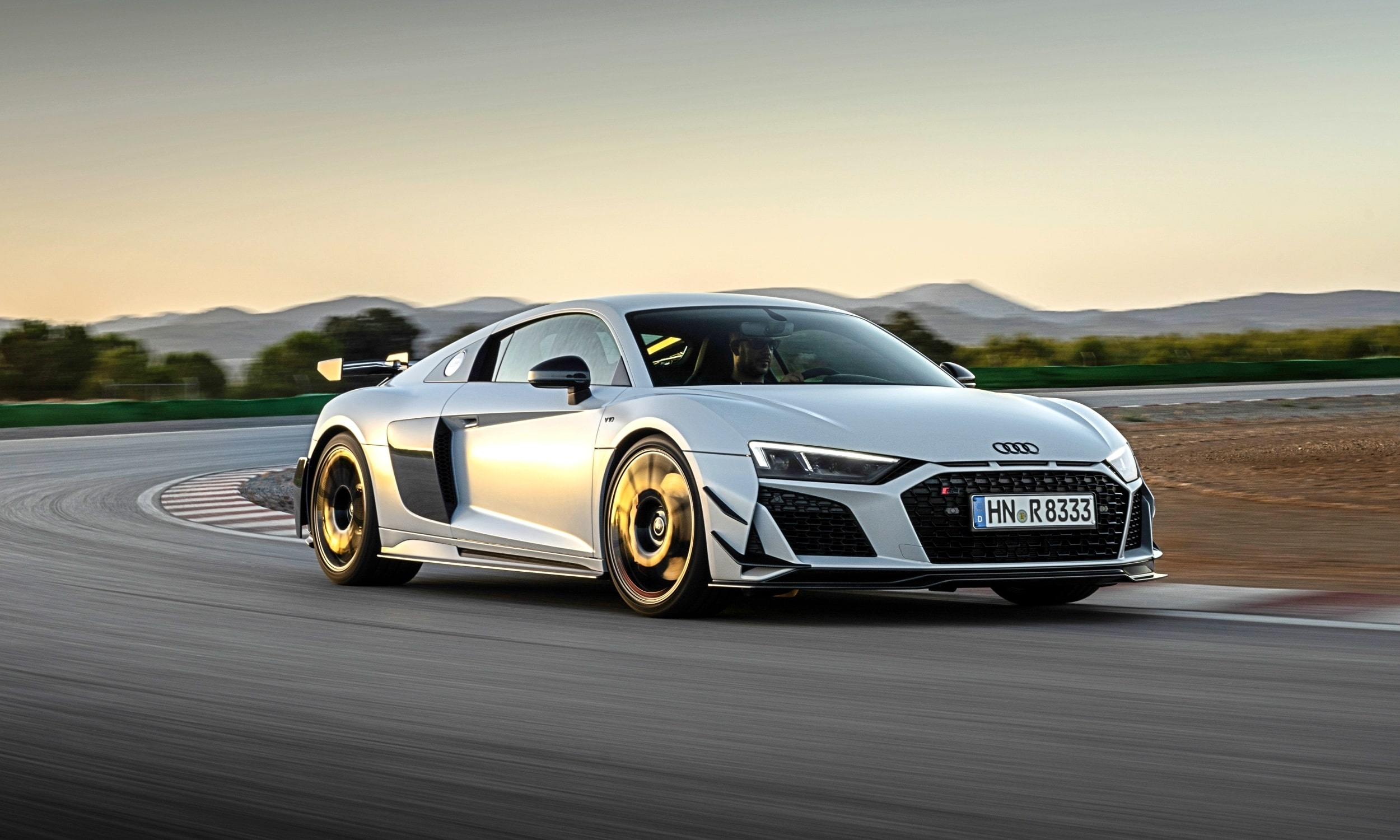 Audi R8 V10 GT RWD, asphalt racetrack corner, motion blur track driving, HD Desktop wallpaper