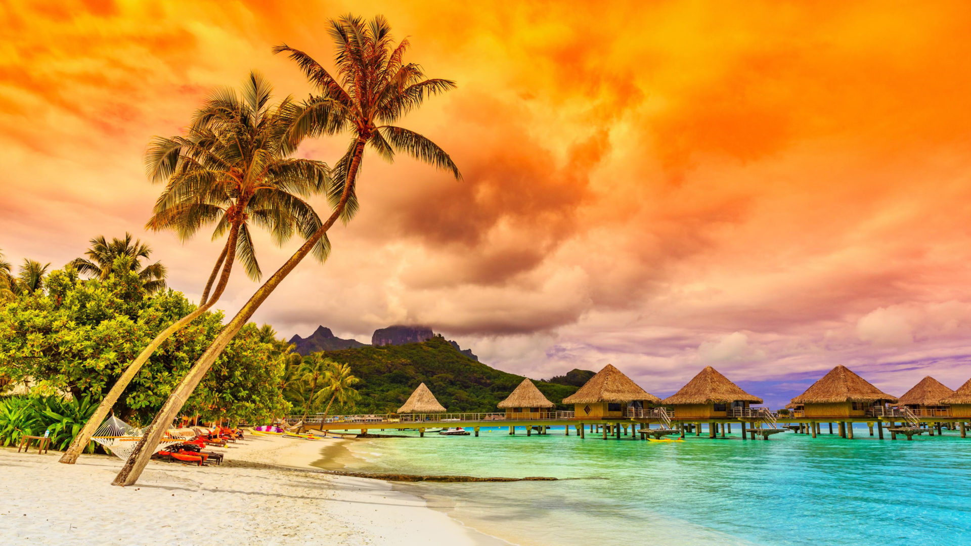 Bora Bora, Sunset tropical sea, Beach bungalows, iwater, 1920x1080 Full HD Desktop
