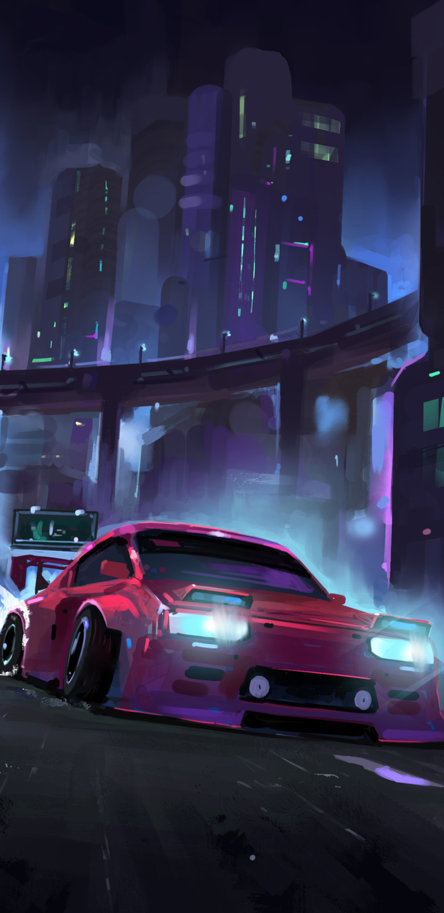 red widebody drift car, cyberpunk city overpass, glowing neon headlights, HD Phone wallpaper