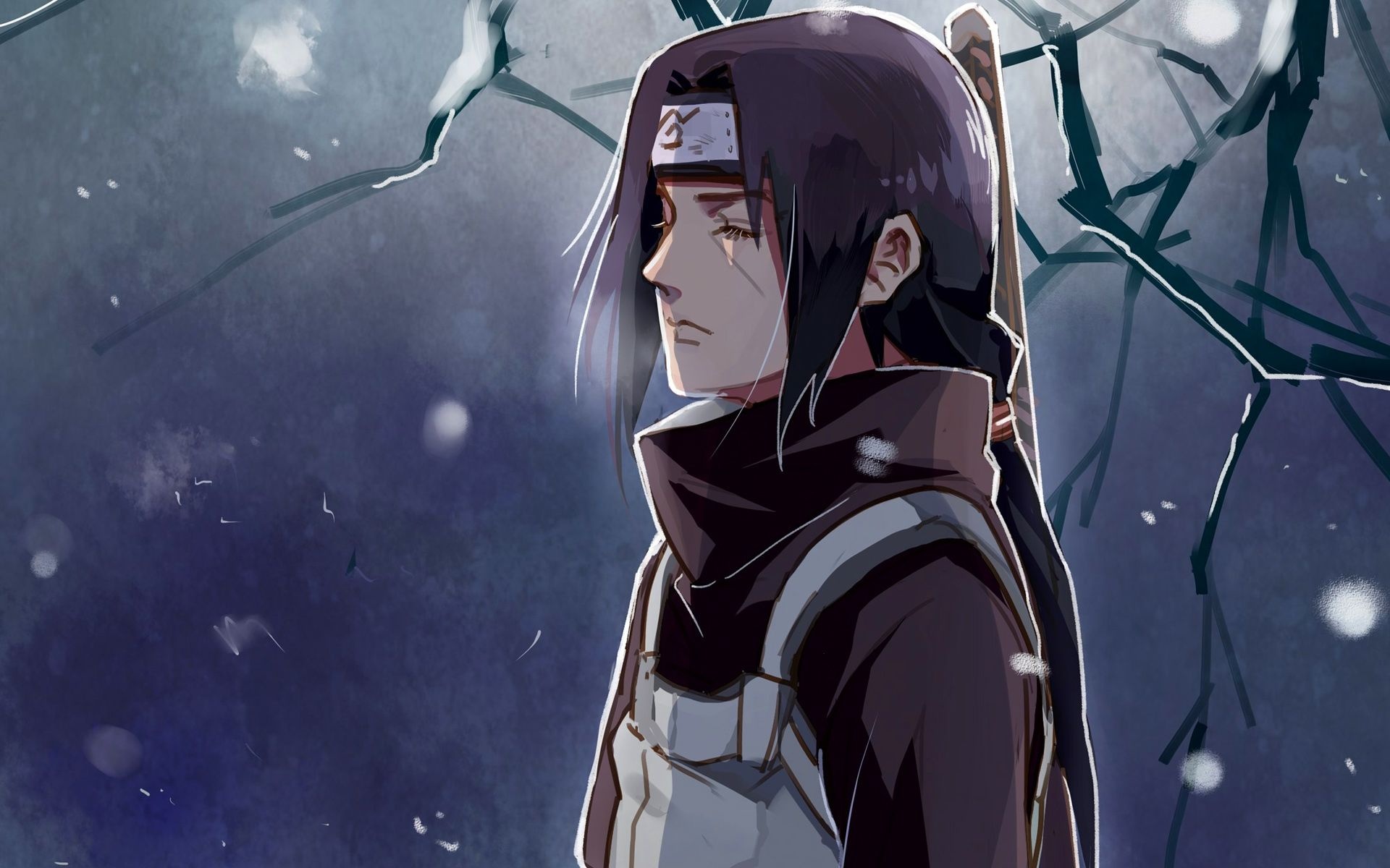 Anbu Itachi Uchiha, Anbu uniform, falling snow, HD Desktop wallpaper