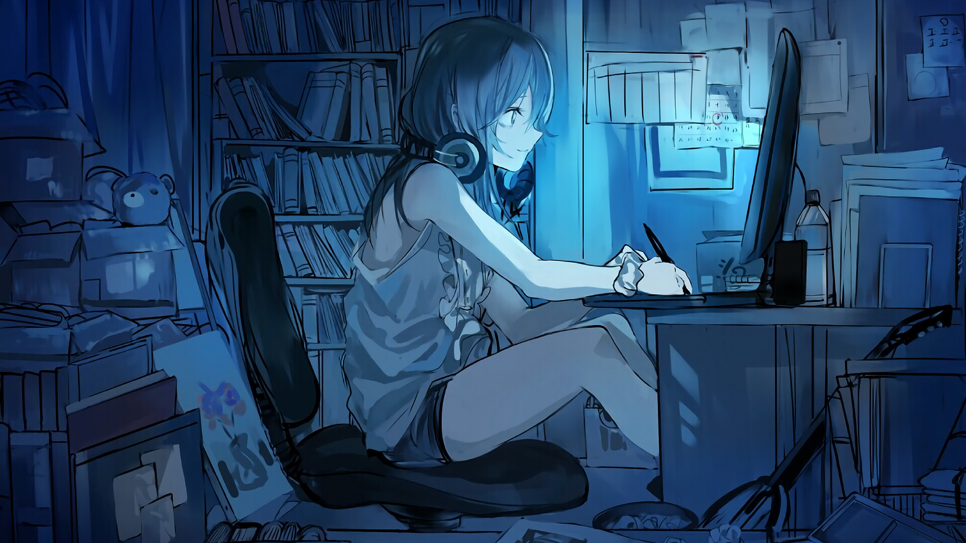 Anime Girl, Drawing Tablet, Blue Night Room, Full HD Desktop Background, 1920x1080