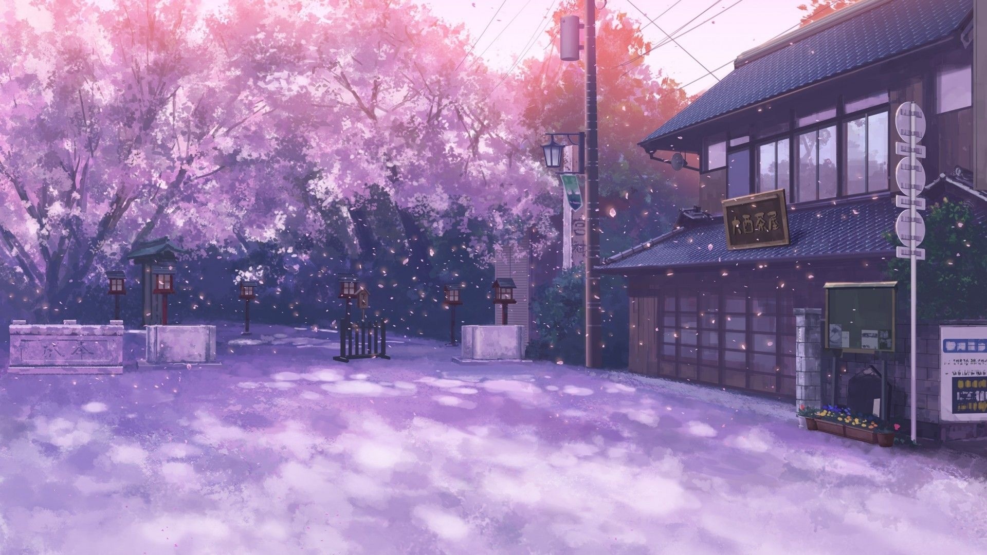 Traditional Japanese teahouse, Blooming cherry blossom trees, Falling sakura petals, Full HD Desktop wallpaper