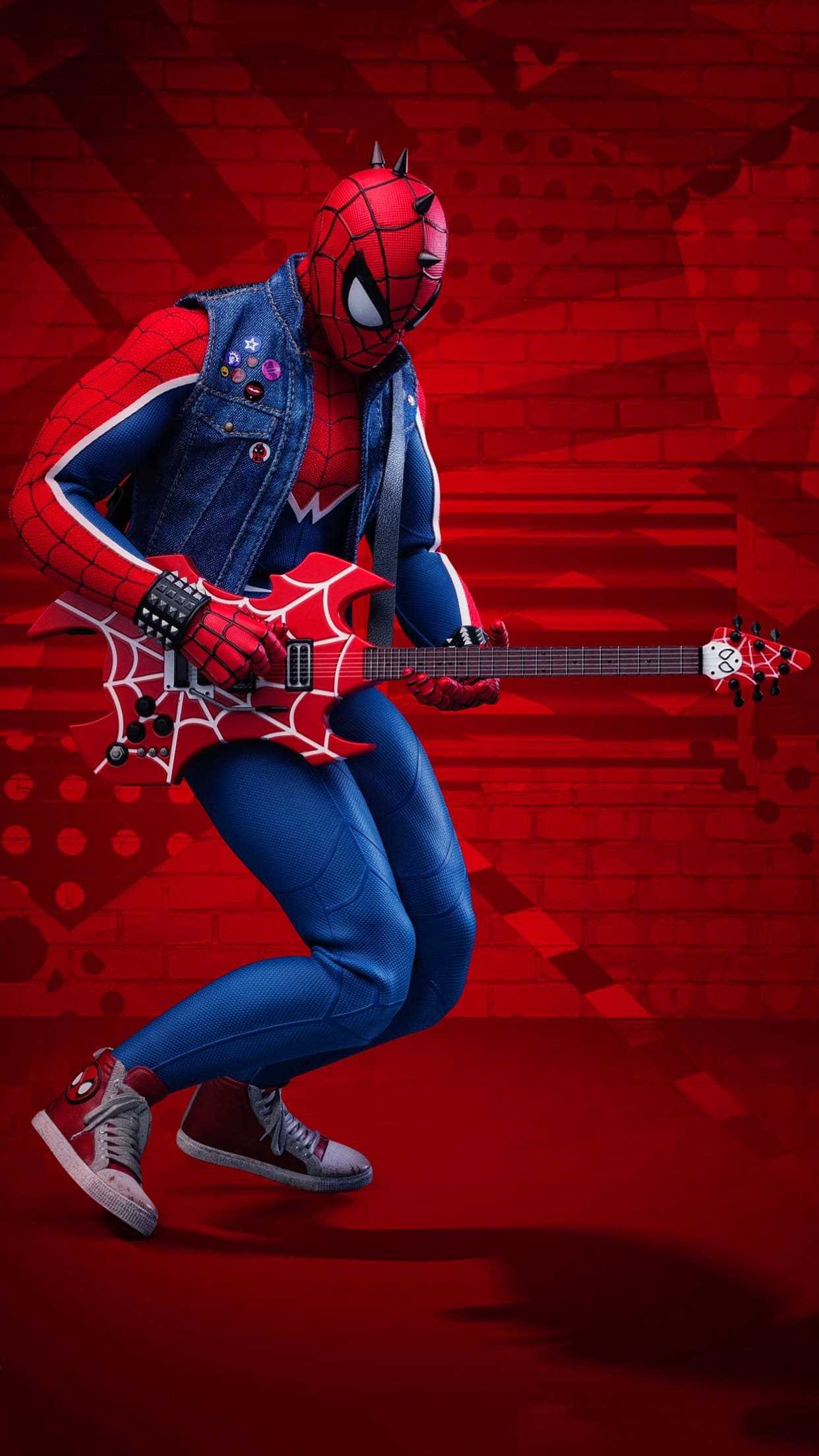 Marvel's Spider-Man, Spider-Punk (Hobie Brown), Spider-Man, Playing electric guitar, Spiked masked head, Red brick background, HD Phone wallpaper