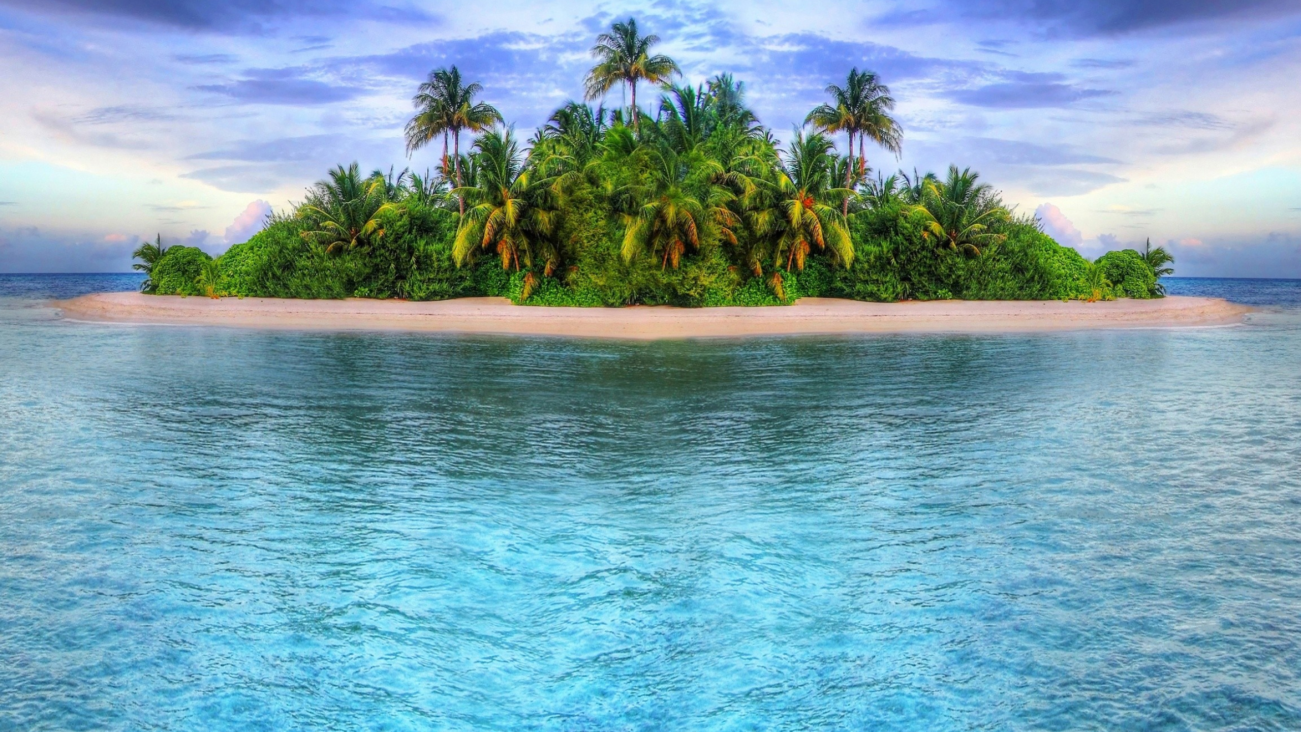 Tropical palm island, Turquoise ocean water, White sand beach, HD Desktop wallpaper