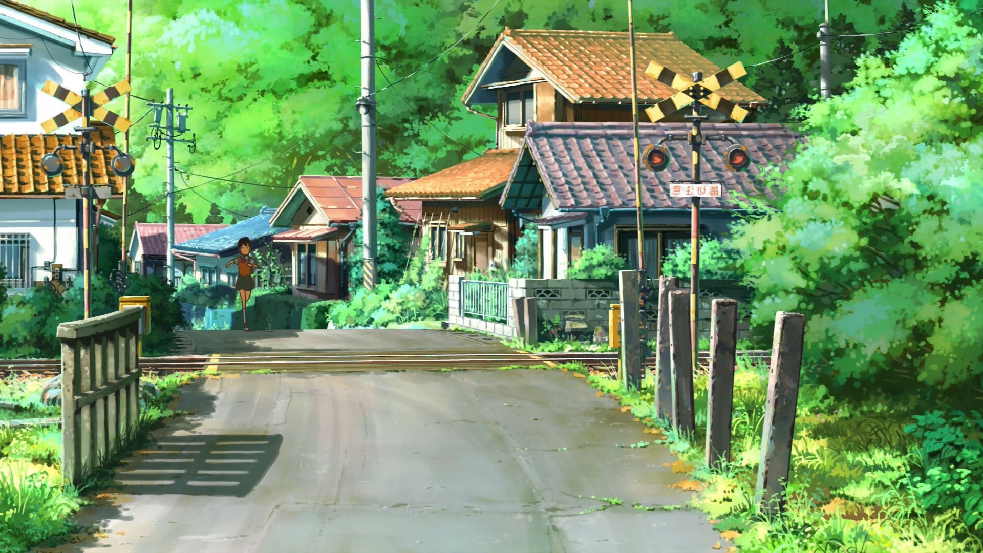 Japanese railroad crossing, rural Japanese townhouses, girl running down road, Full HD Desktop wallpaper