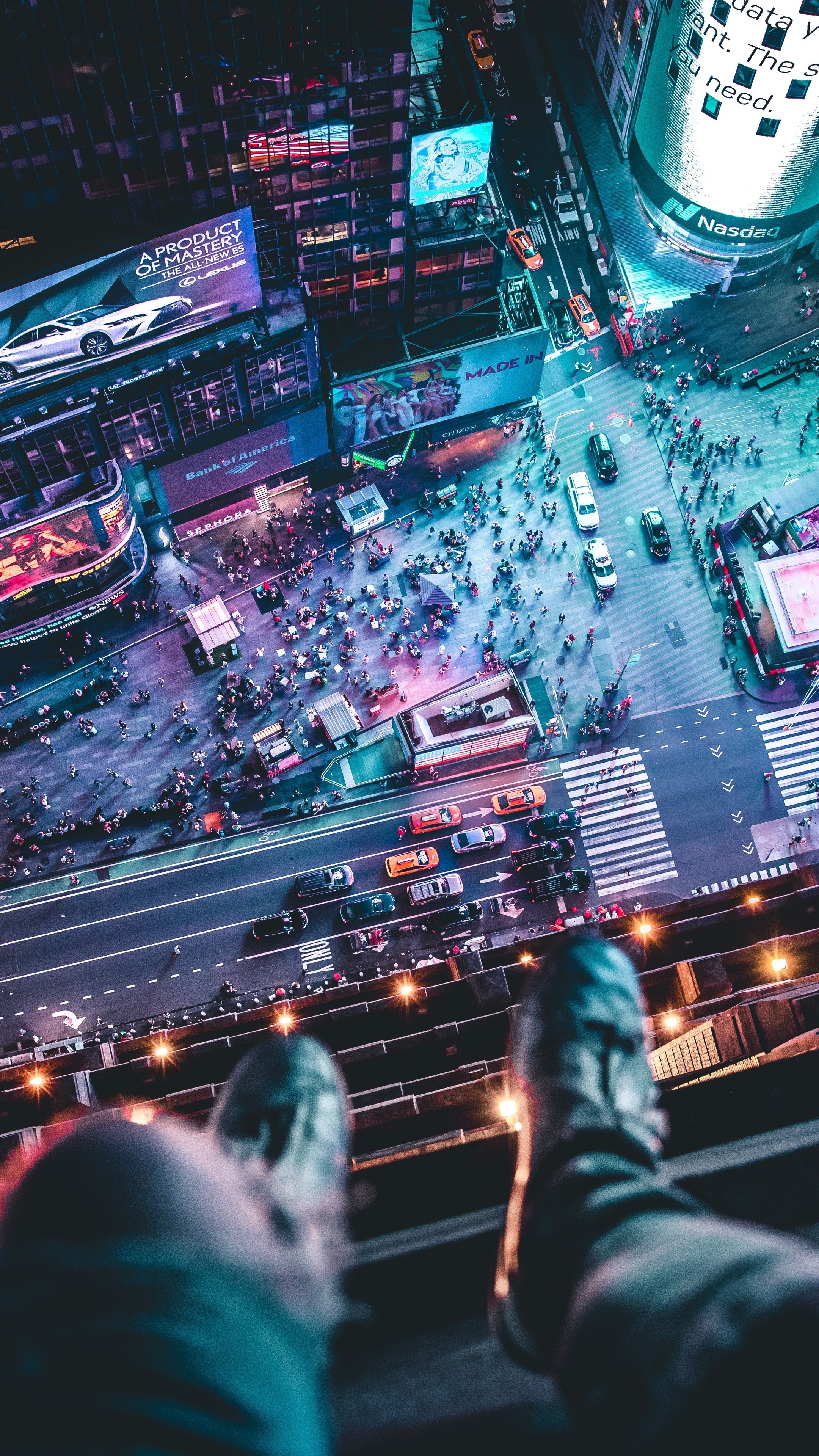 Times square, Aerial view, City panorama, Night lights, 2160x3840 4K Phone