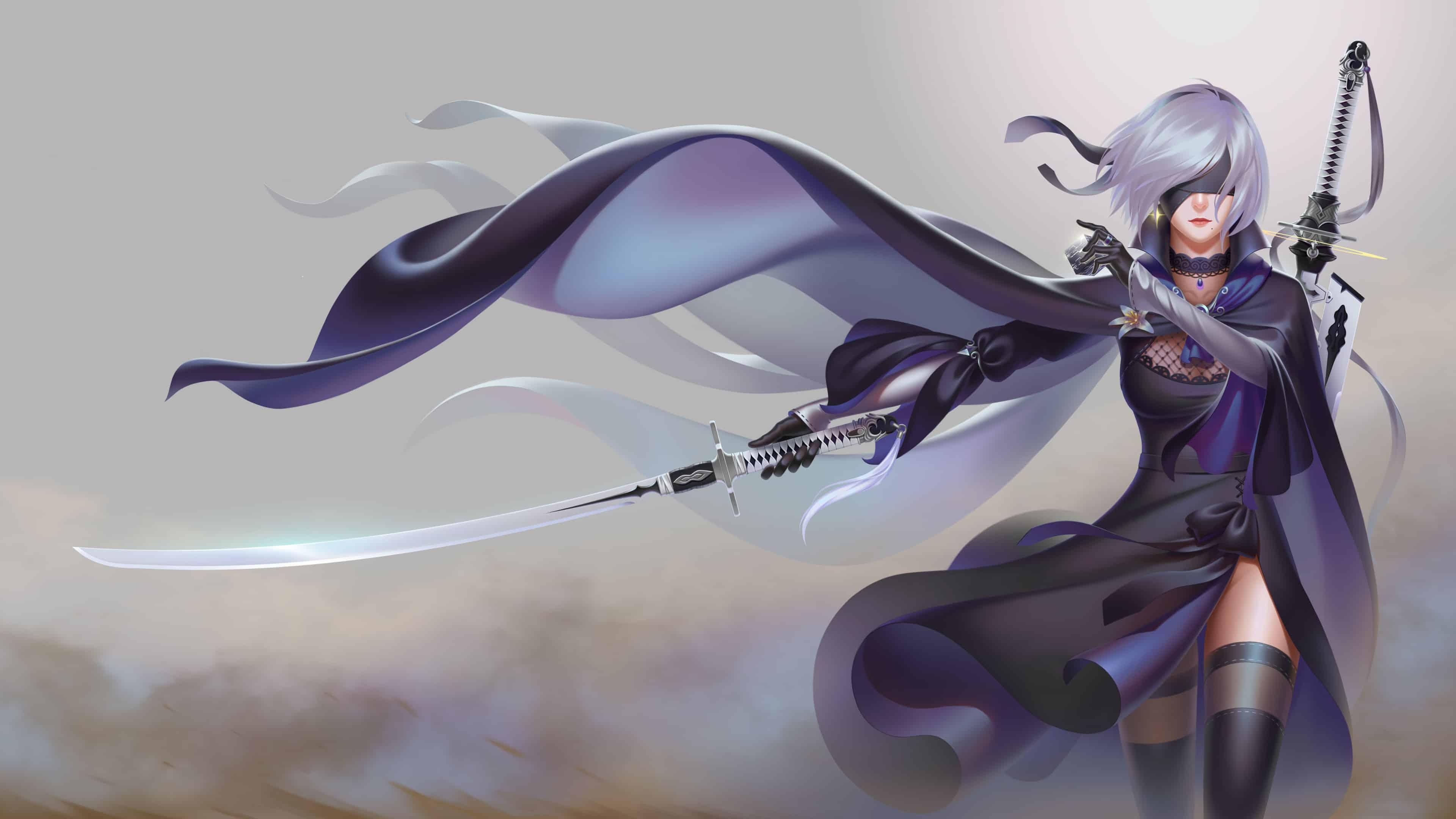 2B from NieR: Automata, Virtuous Contract katana, Flowing dark cape, 4K Desktop wallpaper