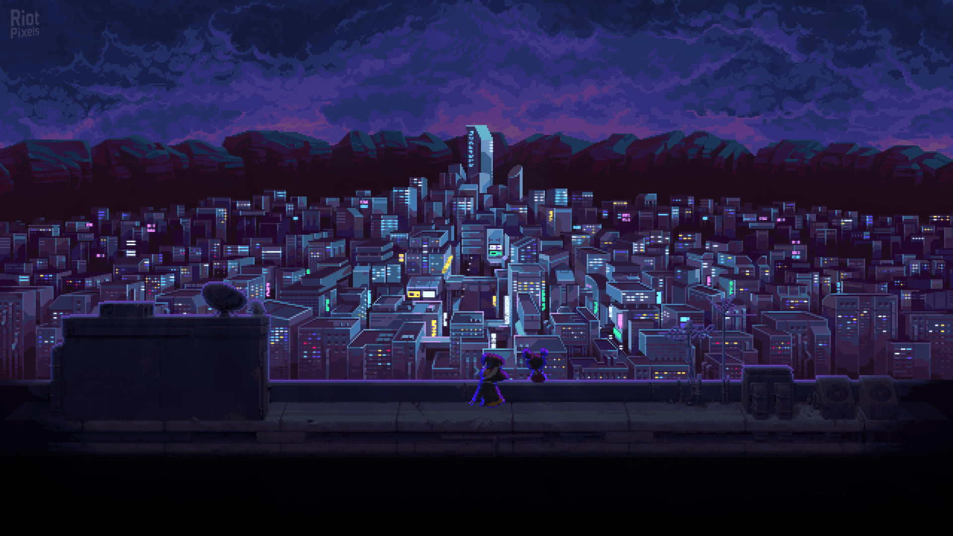 Katana Zero, Zero and Little Girl, New Mecca skyline, Full HD Desktop wallpaper