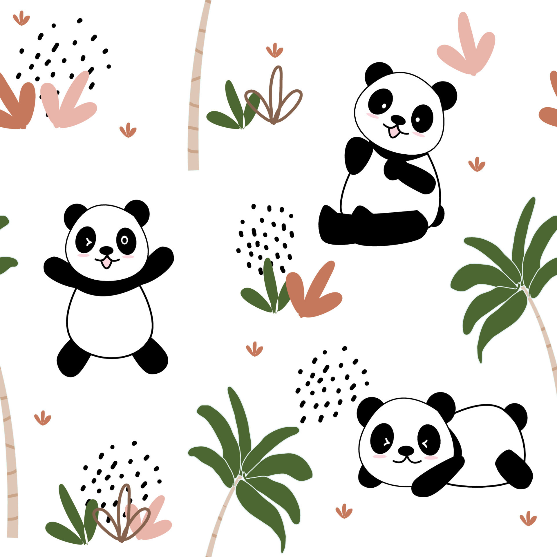 Cute cartoon giant pandas, Minimalist palm foliage, White seamless repeating pattern, HD Phone wallpaper
