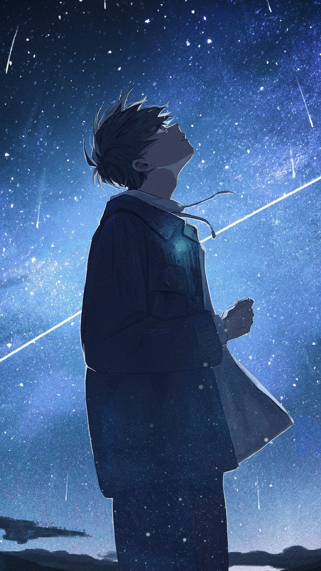 Melancholic anime boy, Starry night sky, Shooting star streak, Full HD Phone wallpaper