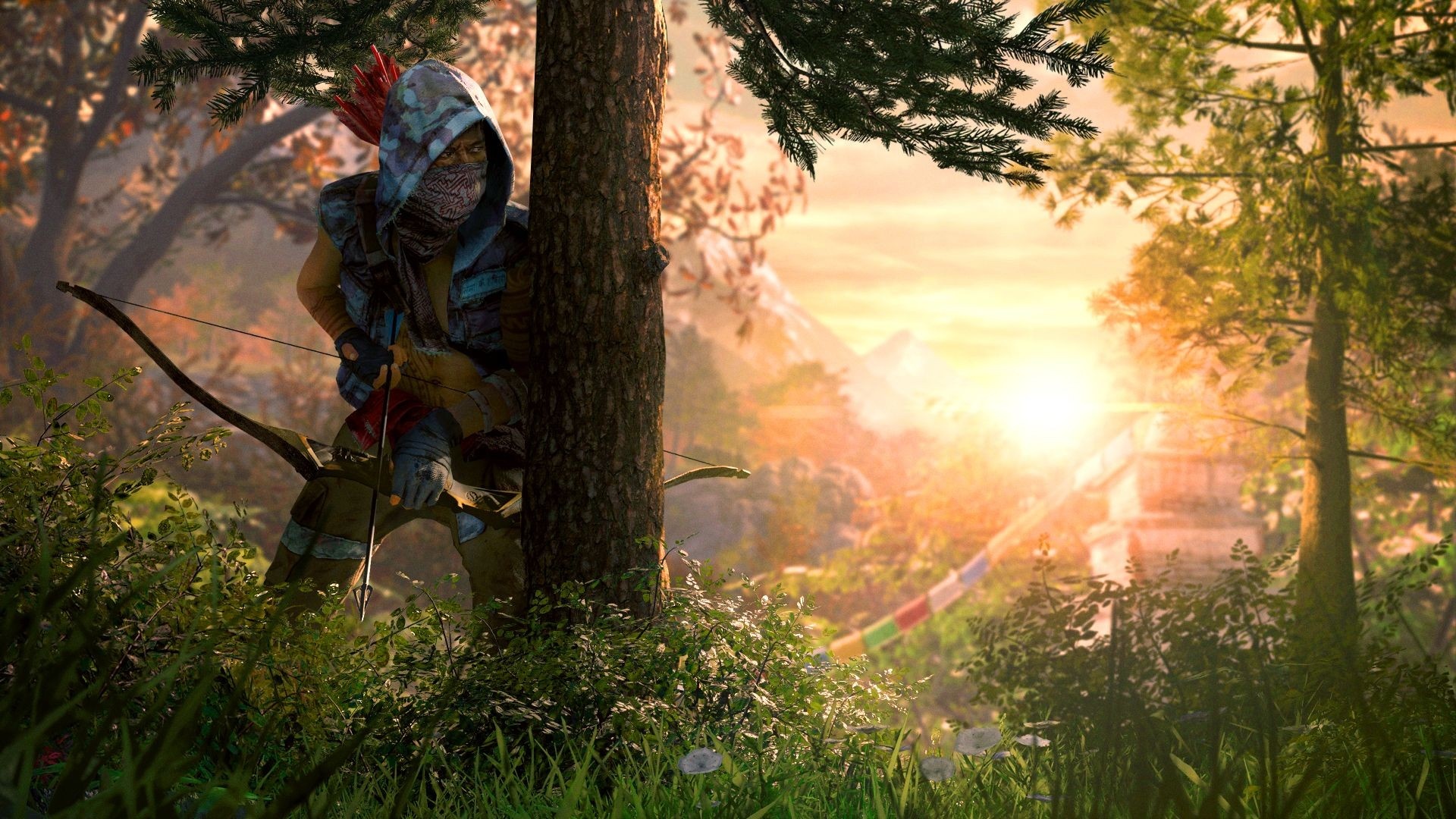 Far Cry 4 hunter, Kyrat Himalayan forest, Drawn recurve bow, Full HD Desktop wallpaper