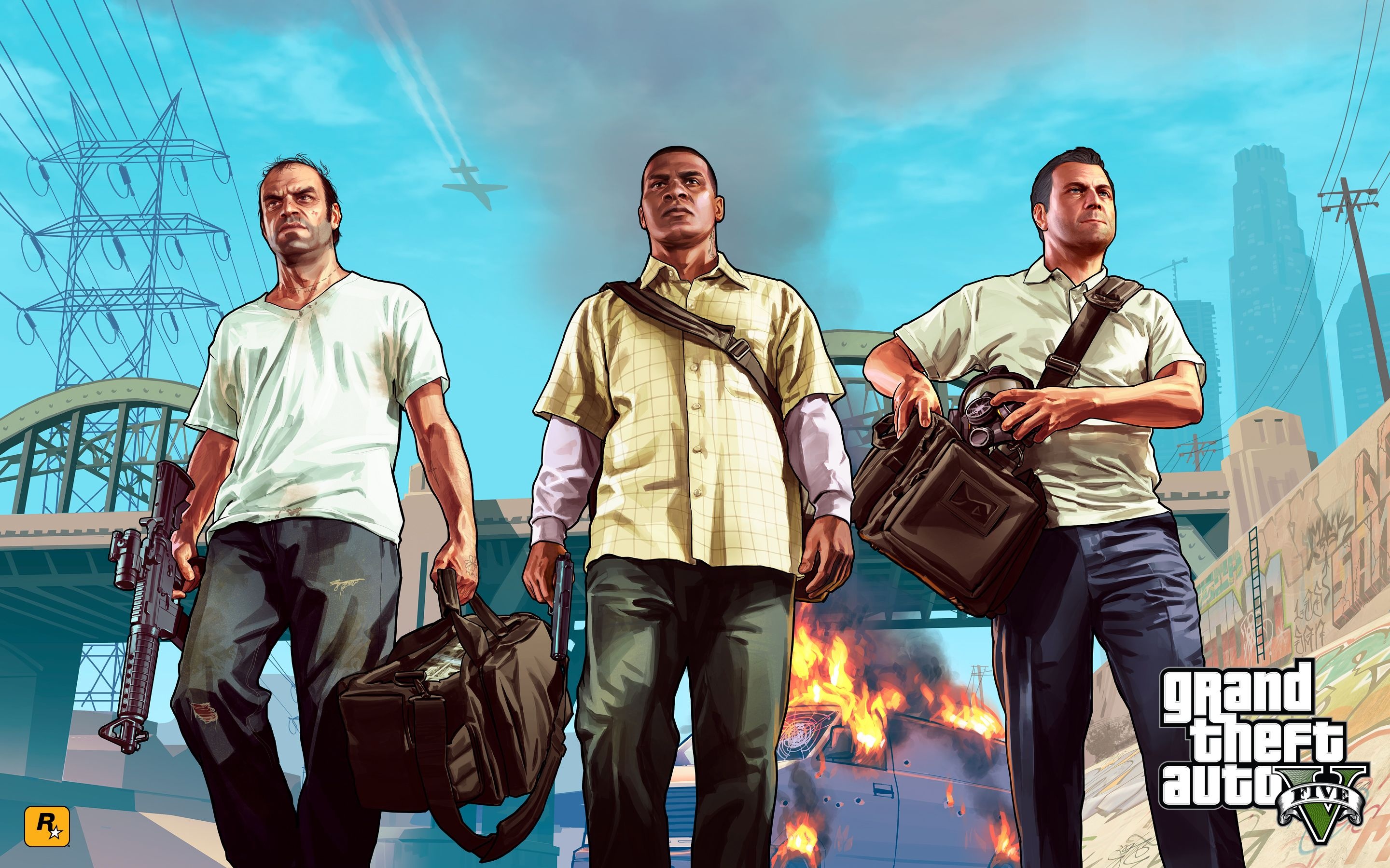 Michael De Santa carrying gas mask, Trevor Philips with carbine rifle, Franklin Clinton carrying duffel bag, Burning car under bridge, Grand Theft Auto V logo, HD Desktop wallpaper