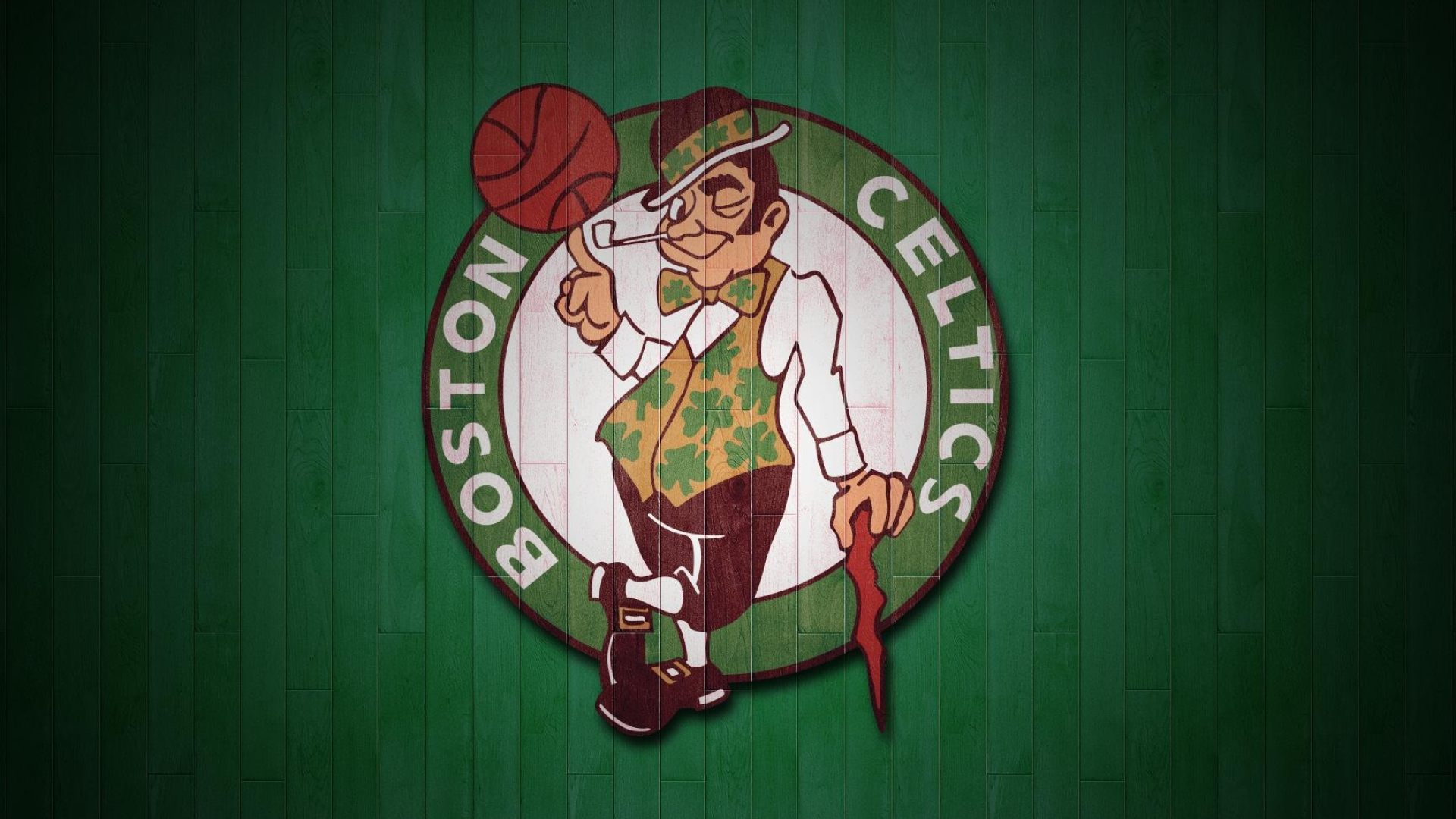 Boston Celtics leprechaun logo, Lucky the Leprechaun spinning basketball, Green hardwood court backdrop, Full HD Desktop wallpaper