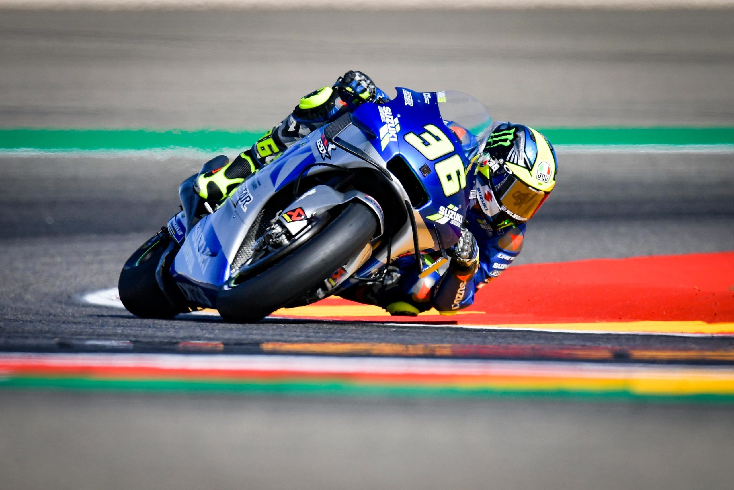 Joan Mir number 36, Suzuki Ecstar GSX-RR, MotoGP apex red green kerb, HD Desktop wallpaper