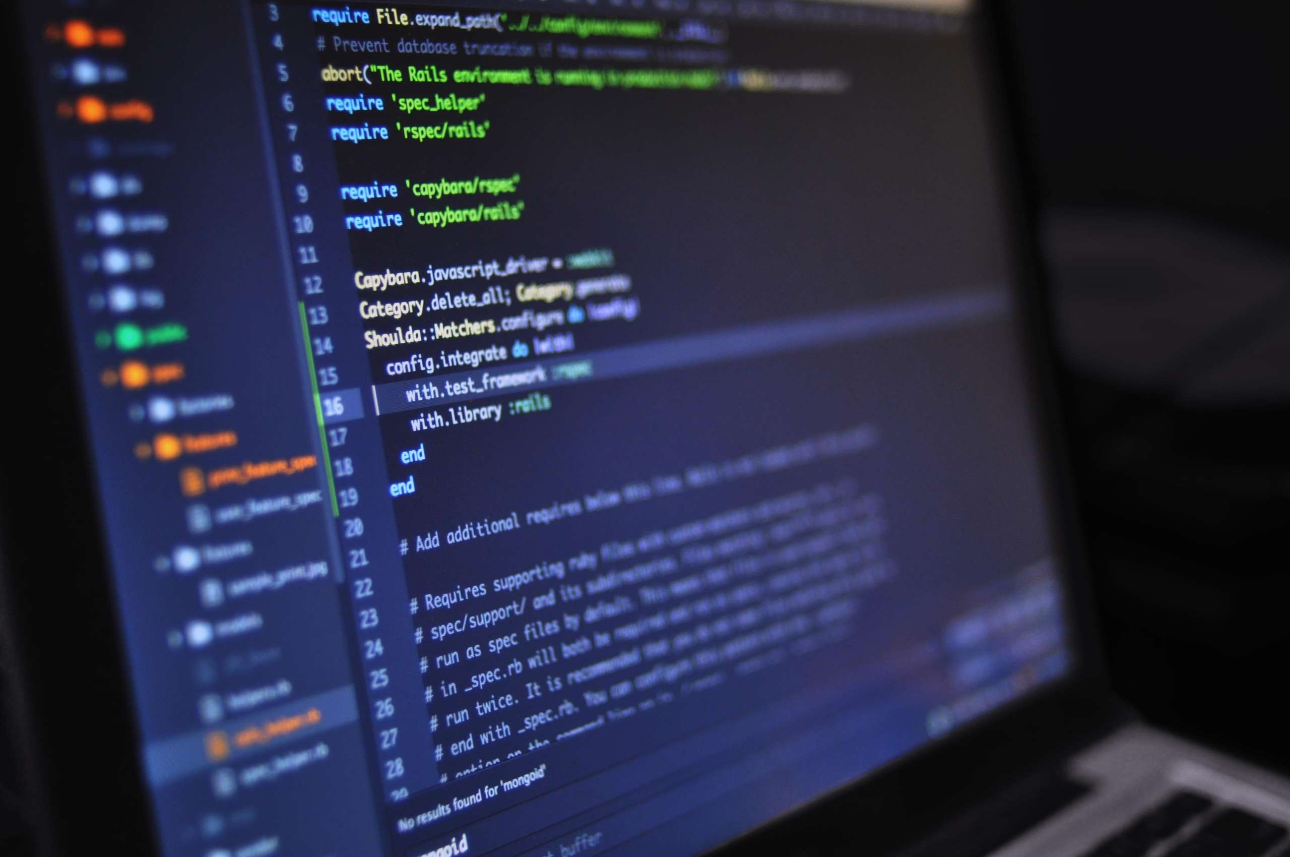 require 'rspec/rails', Ruby on Rails code, laptop screen display, HD Desktop wallpaper