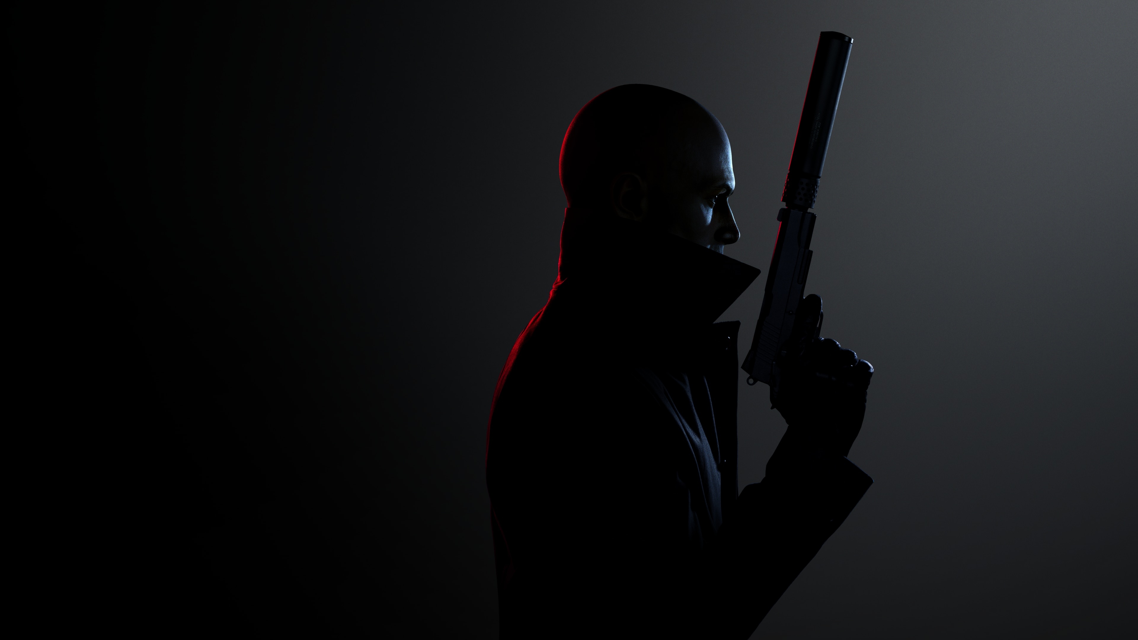 Agent 47, Suppressed Silverballer pistol, Dramatic red rim lighting, 4K Desktop wallpaper